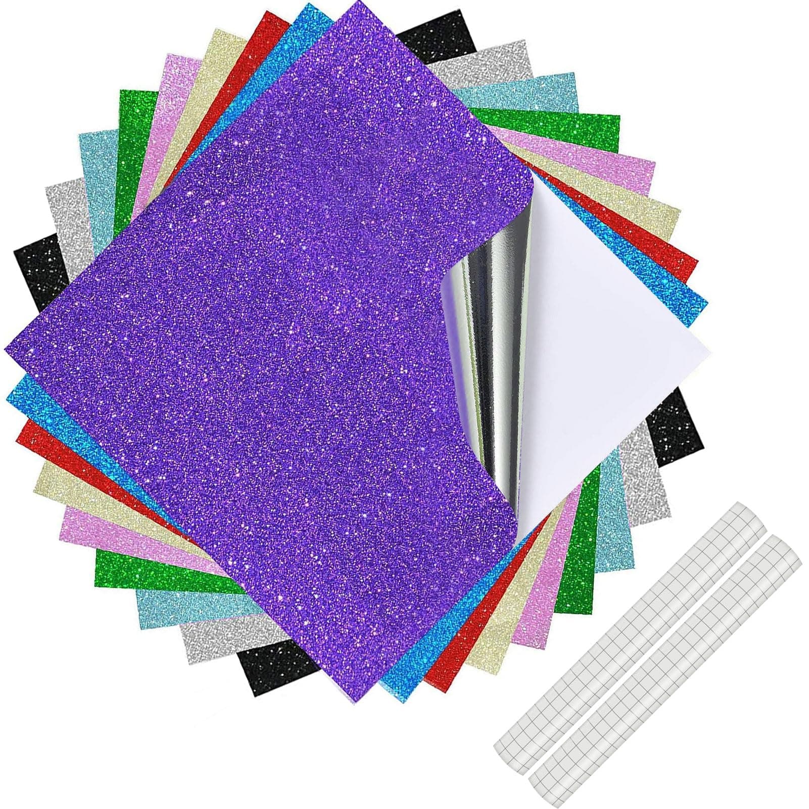 Permanent Vinyl Sheets for Cricut, 12” x 12” Glitter Self Adhesive Vinyl Self Adhesive, 9 Assorted Metallic Colors Craft Vinyl Sticker Plus 2 Transfer Tape for Weeding Machines, Printers, Car Decal