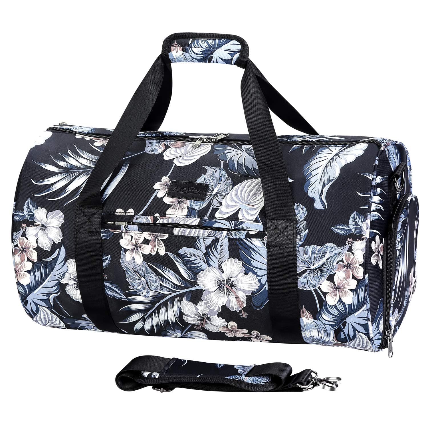 AmHoo Sports Gym Bag with Shoes Compartment and Wet Pocket with Independent Zipper Travel Duffel Bag for Women and Men(Floral Black)