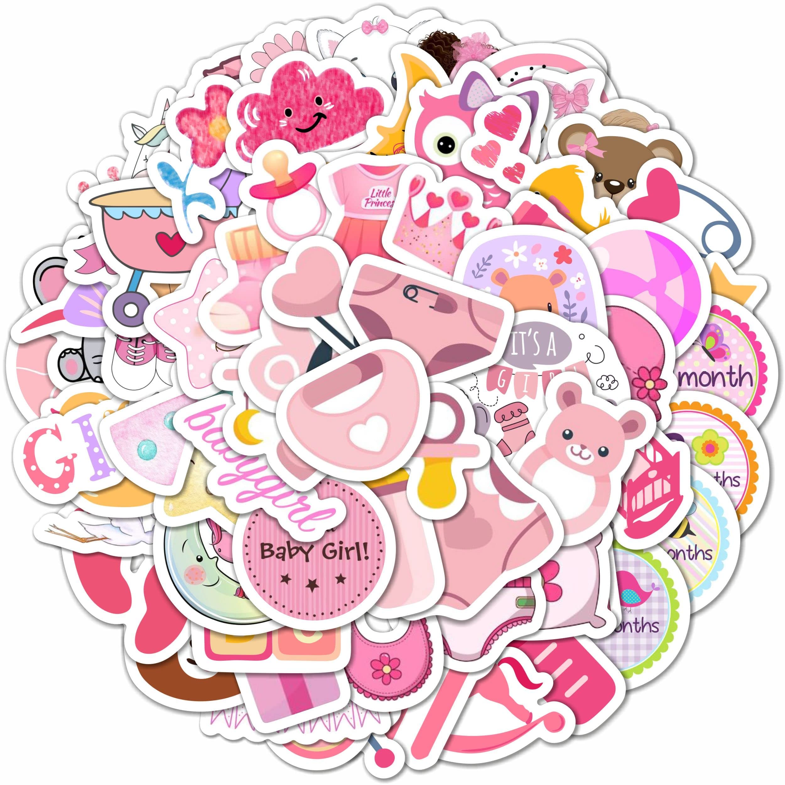 BulbaCraft Baby Girl Stickers, 100Pcs Multicolor Vinyl Decals, Waterproof, Reusable, Multipurpose for Scrapbooking and Party Decor, Newborn, Baby Shower Favors for Girls, Baby Girl Month Stickers