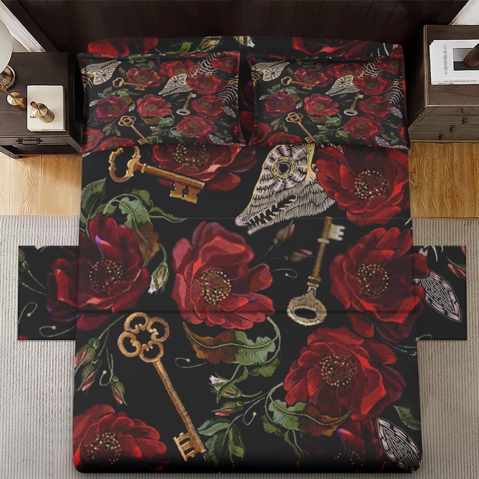 4 Pcs Fitted Sheet Set Queen Size with 16" Deep Pocket, Fish Golden Red Rose Bedding Set with Pillowcases for Kids and Adults, Flower Medieval Gothic Flat Bed Sheet Set