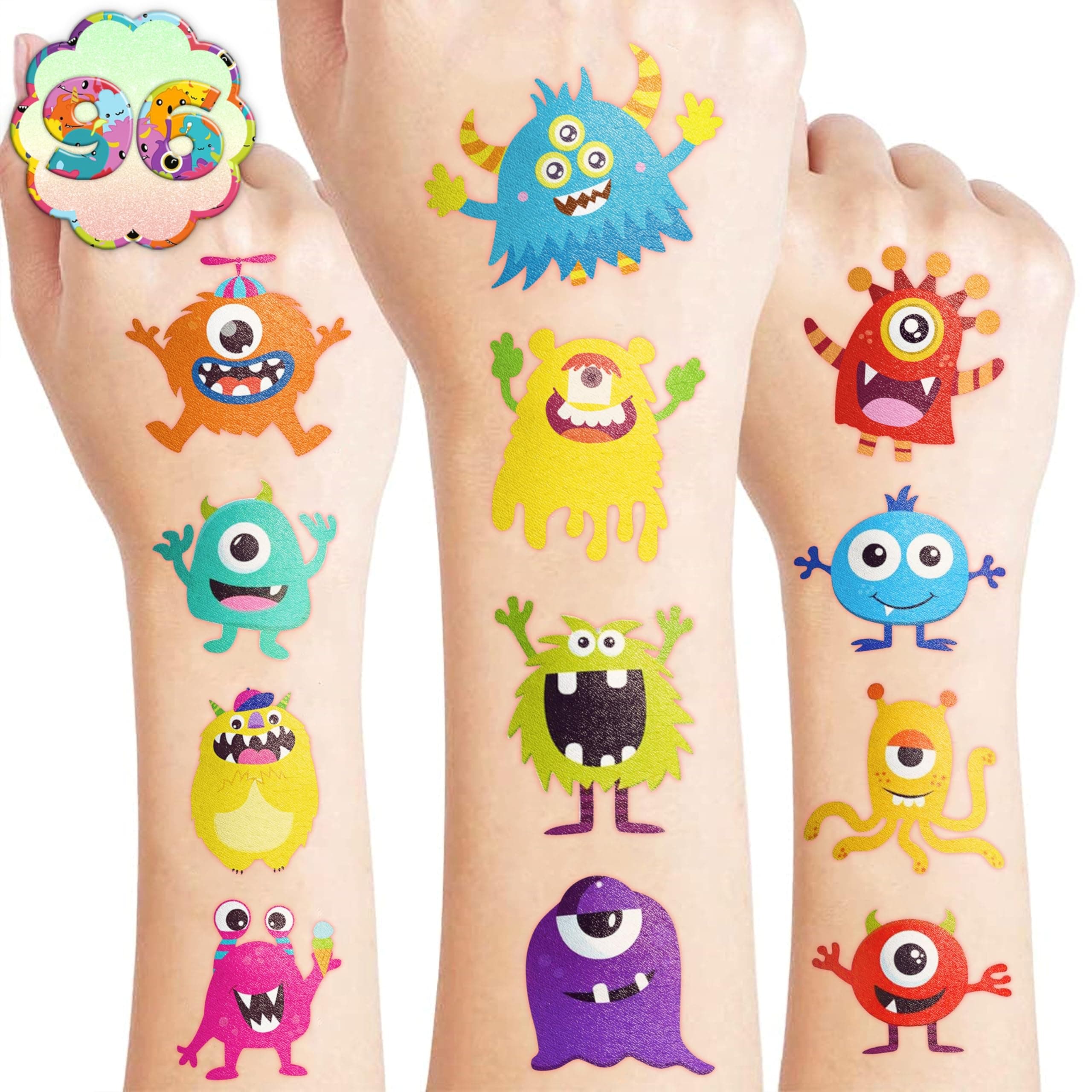 96PCS Monster Pre-Cut Temporary Tattoos for Kids - Cute Little Monster Birthday Party Supplies, Fun Stickers for Boys & Girls, Themed Party Favors, School Prizes, Gift Ideas
