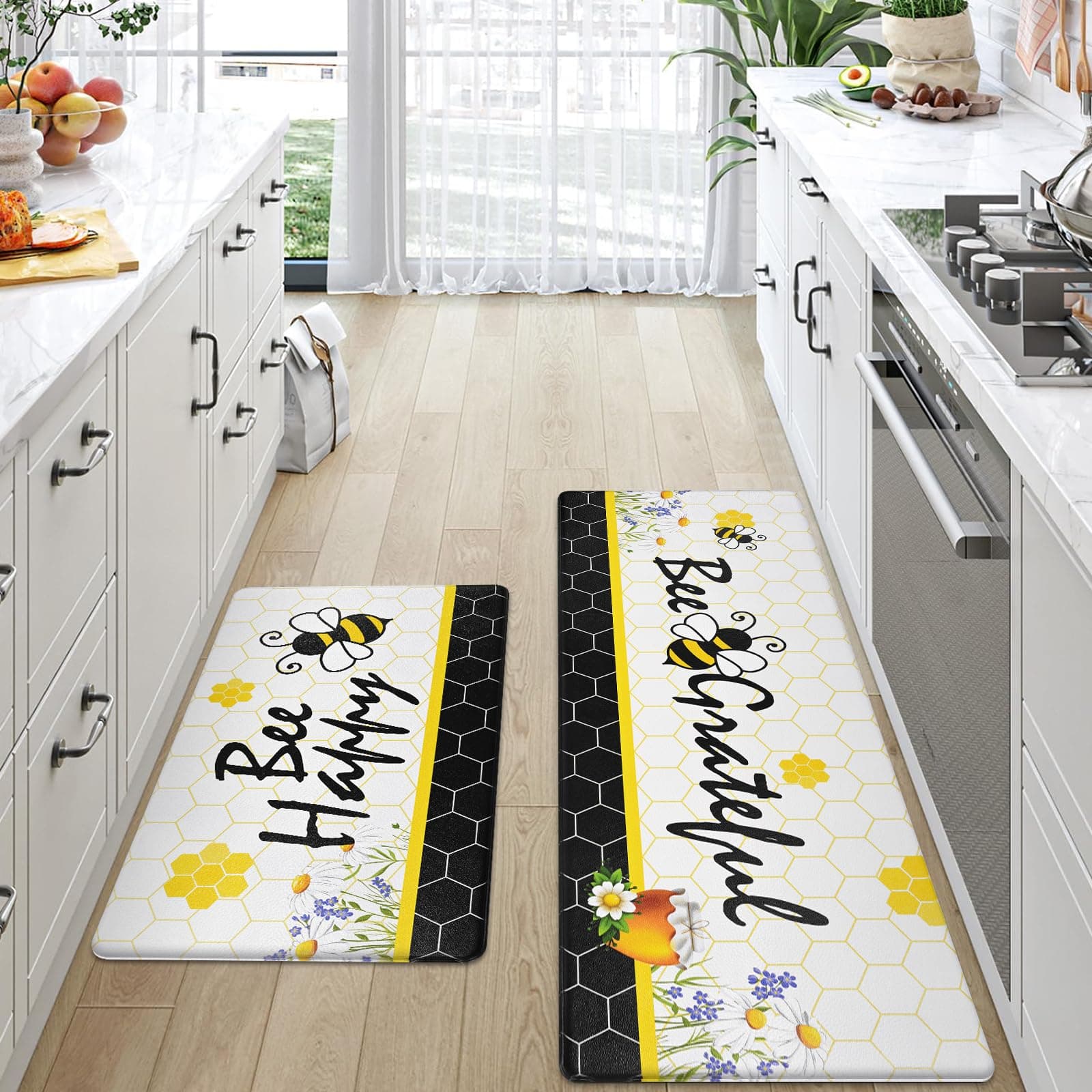 ASPMIZ Yellow Bee Kitchen Mat Anti Fatigue, Bee Happy Kitchen Rugs Sets of 2, Memory Foam Kitchen Mats for Floor Non Skid, Kitchen Floor Comfort Mats for Sink/Home/Office, 18'' x 48''+18'' x 30''