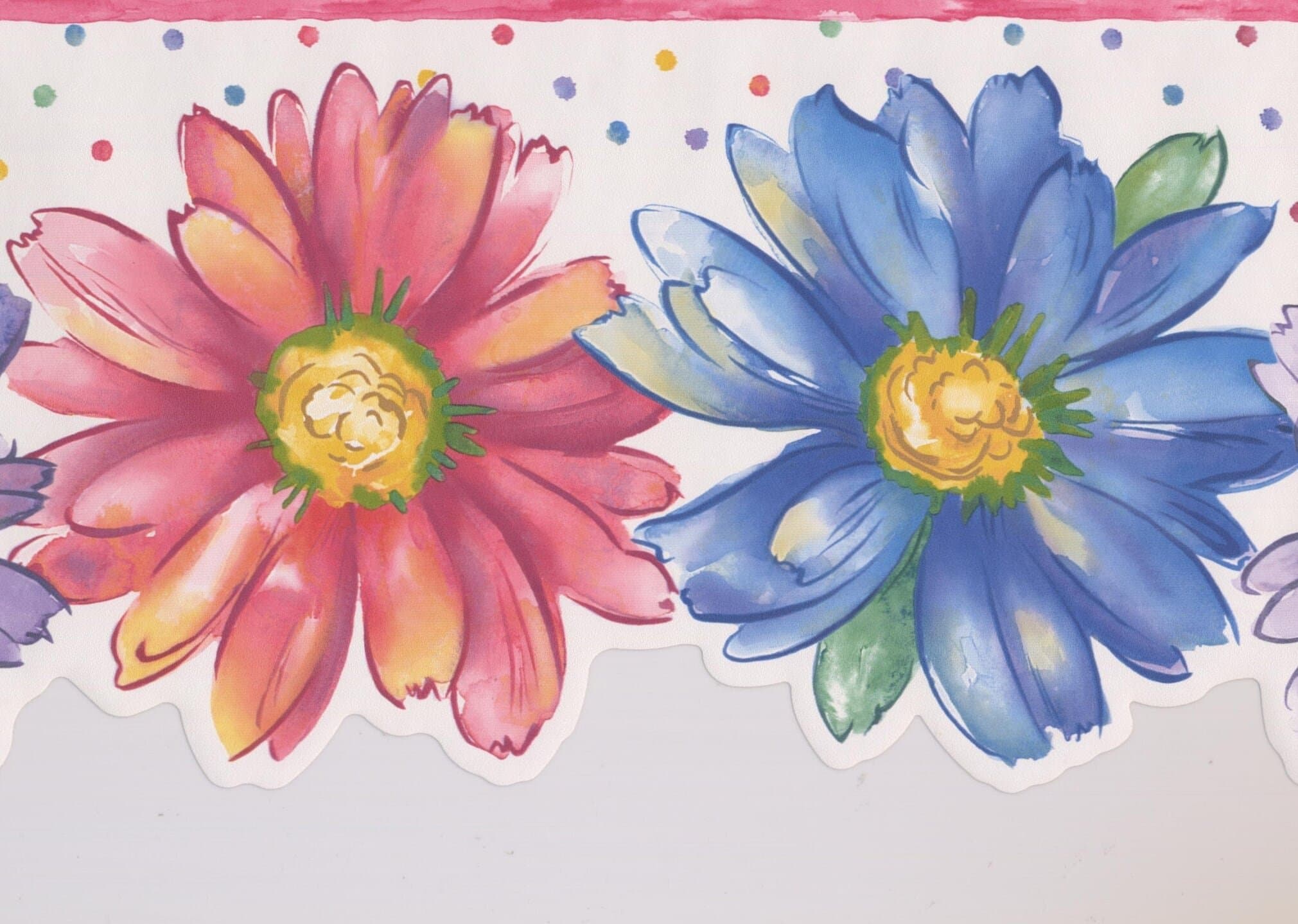 Pink Blue Purple Flowers Polka Dot Kids Wallpaper Border Paint by Design, Roll 15' x 10"