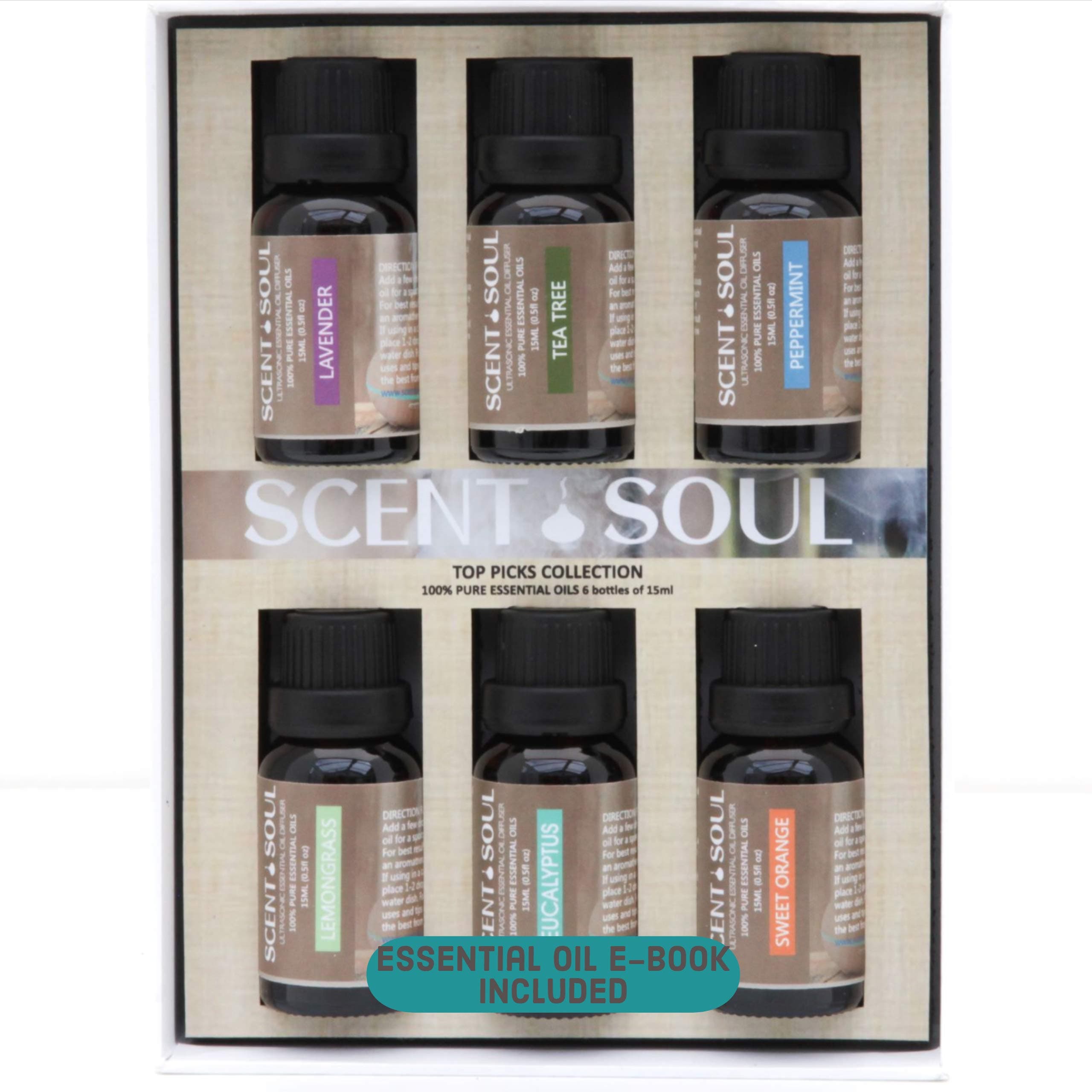 Scent and Soul 100% Pure Essential Oils â€“ Top Picks Set of Aromatherapy Oil -6 x 15ml Amber Glass Bottles â€“ Lavender Lemongrass Eucalyptus Tea Tree Sweet Orange Peppermint â€“ Ultrasonic diffusers