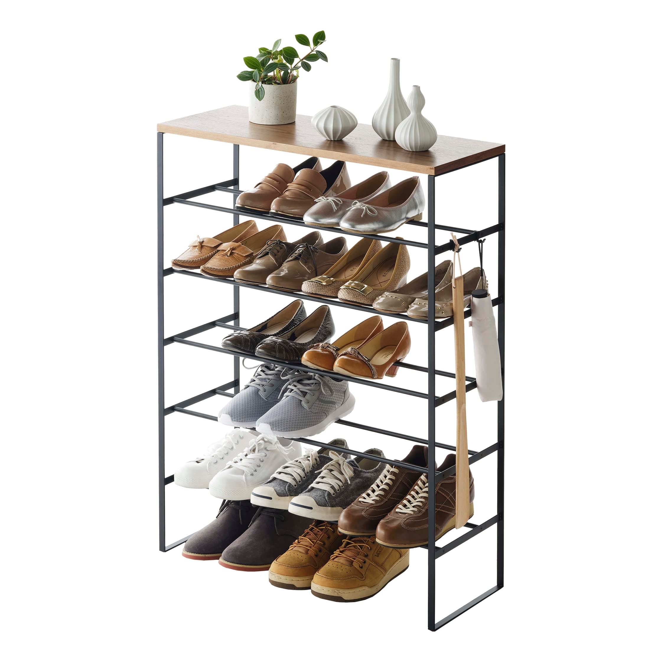Yamazaki 3370 TOWER 6-Tiered Shoe Rack with Wooden Top Board, black, Steel/Wood, Minimalist, 66 x 25 x 87 cm