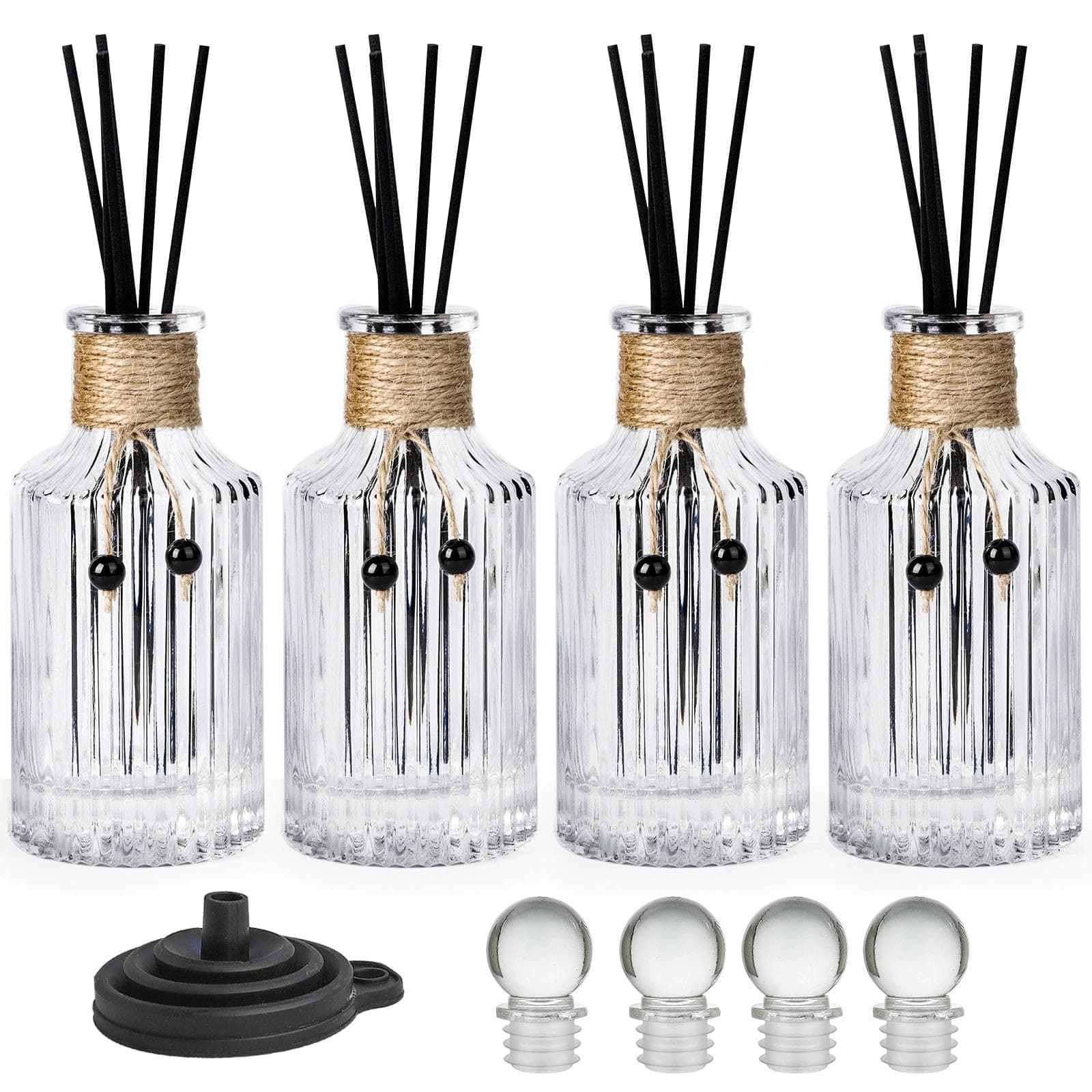 INFTYLE Reed Diffuser Bottle Glass Diffuser Bottles 8oz/250ml Set of 4 Empty Essential Oil Glass Diffuser Bottles with Stoppers and Reed Sticks Clear Decorative Bottle Set Bulk Reusable Perfume Jar