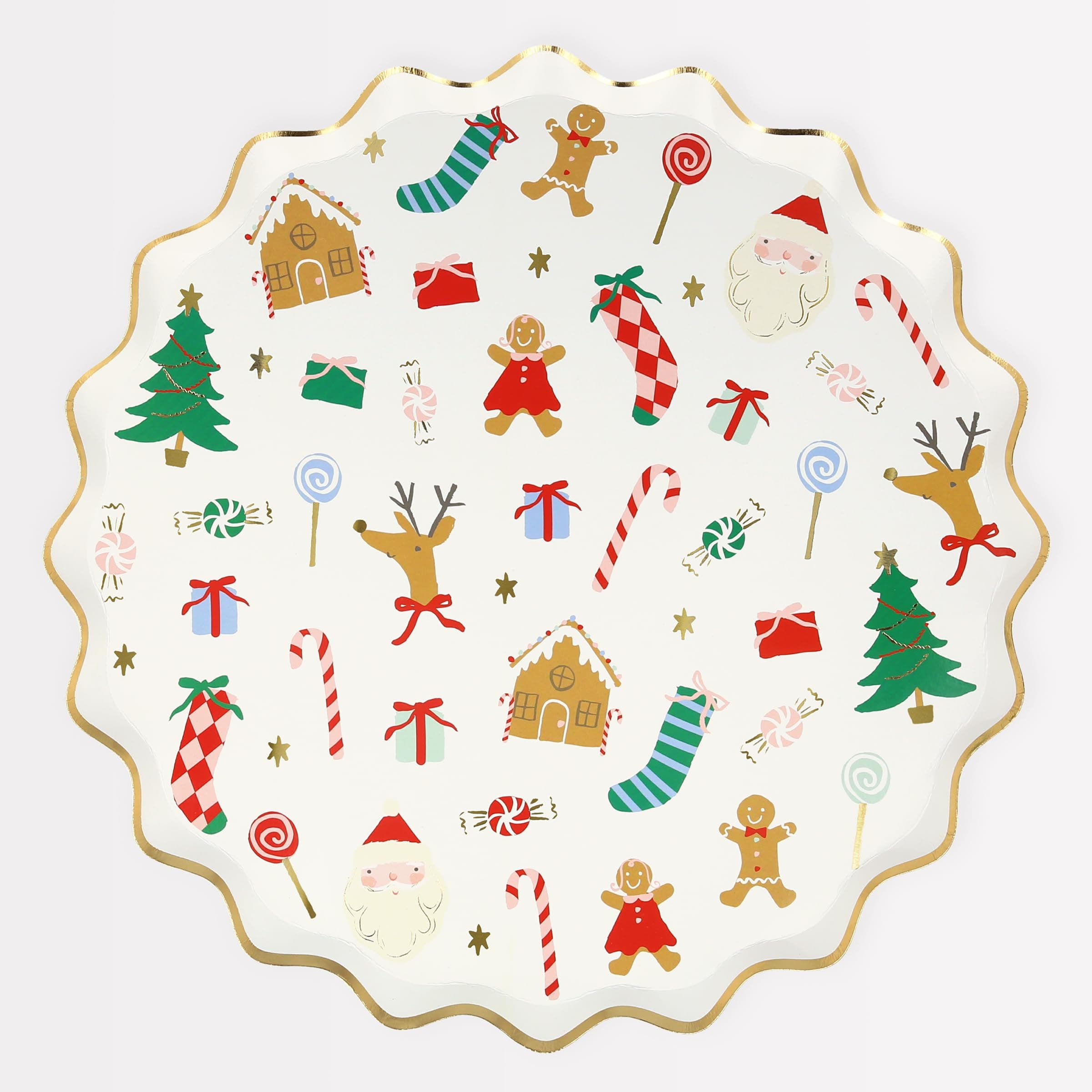 Jolly Christmas Dinner Plates With Elegant Gold Foil Accents And Classic Fluted Border, Durable 450Gsm Paper, Pack Of 8, Perfect For Holiday Parties And Family Gatherings