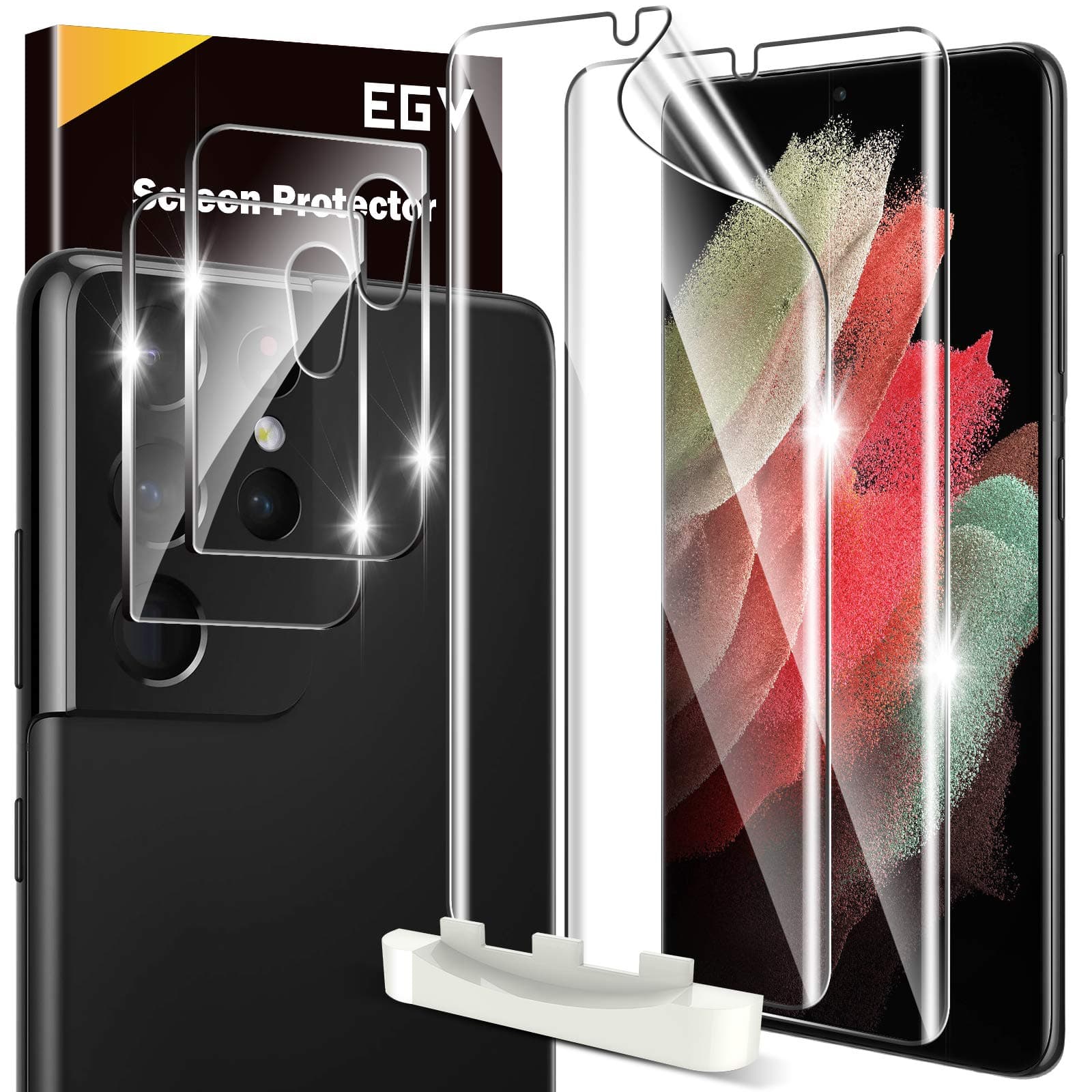 EGV [2+2 Pack] Compatible for Samsung Galaxy S21 Ultra 5G 6.8-inch, Flexible TPU Screen Protector and Glass Camera Lens Protector[Support Fingerprint Reader] [Easy Installation] Case Friendly