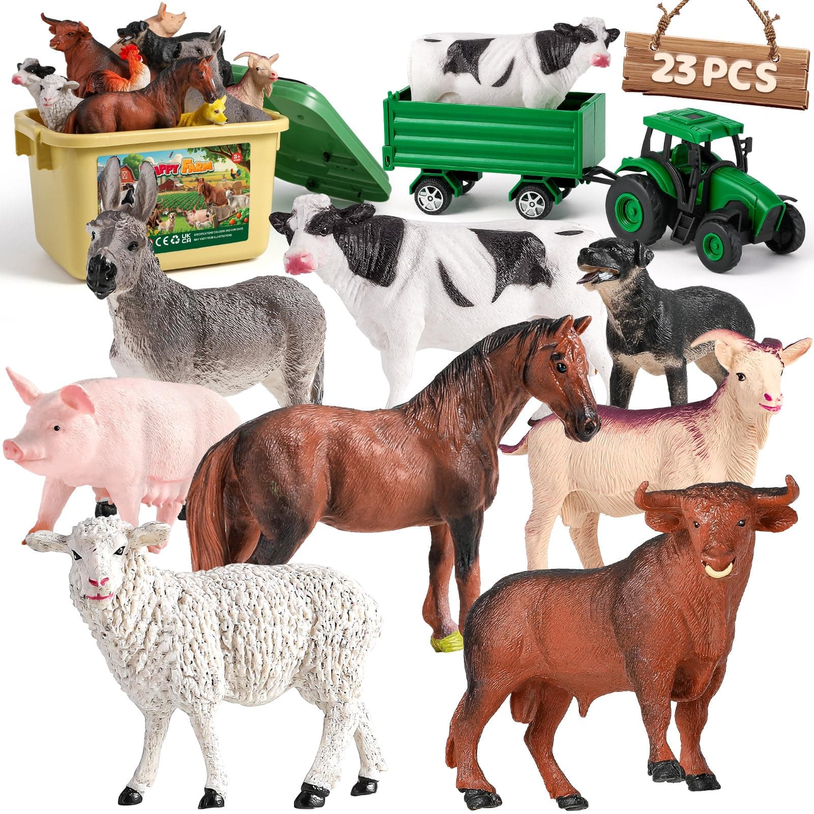 WAIIW Farm Animal Playset: 23 PCS Animal Toys with Realistic Figurines, Tractor, Fences, Hay Bales & Storage Box - Educational Learning Toys for Toddlers Kids 3-5