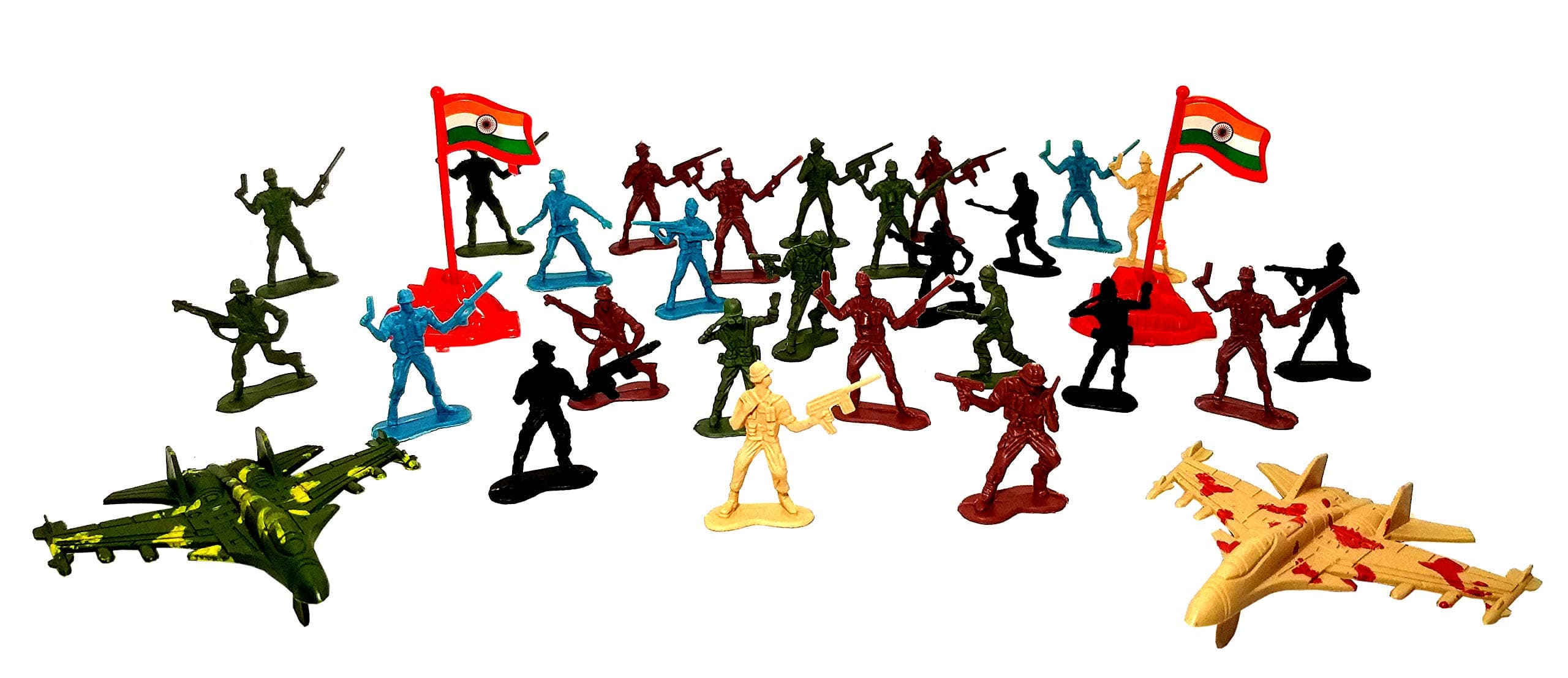 TOYMANIA Action Figures Army Man PLAYSET Toys for Kids with Assorted Full Accessories. | Set of 80 Pieces of Army Toys and Battlefield Accessories. | 2 Indian Flags. (Multicolor)