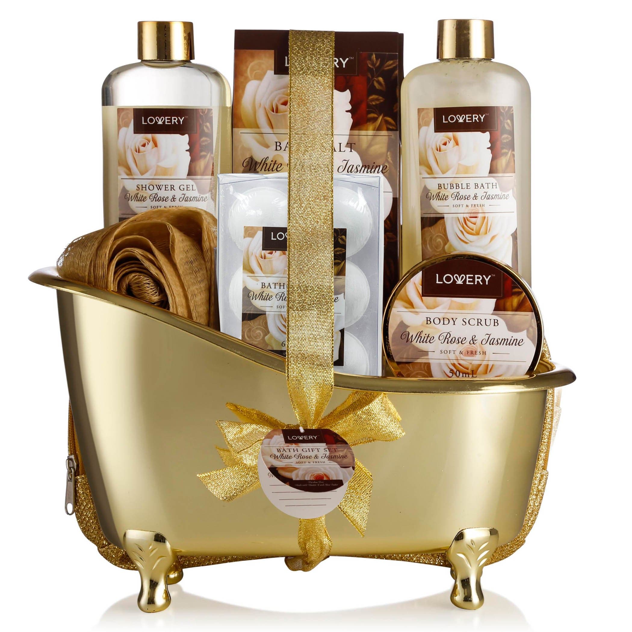 Gifts for Women Home Spa Gift Basket, Luxury 13pc Bath & Body Set Men & Women, White Rose & Jasmine Scent - Shower Gel, Bubble Bath, Body Scrub, Salts, 6 Bath Bombs, Pouf, Cosmetic Bag & Gold Tub