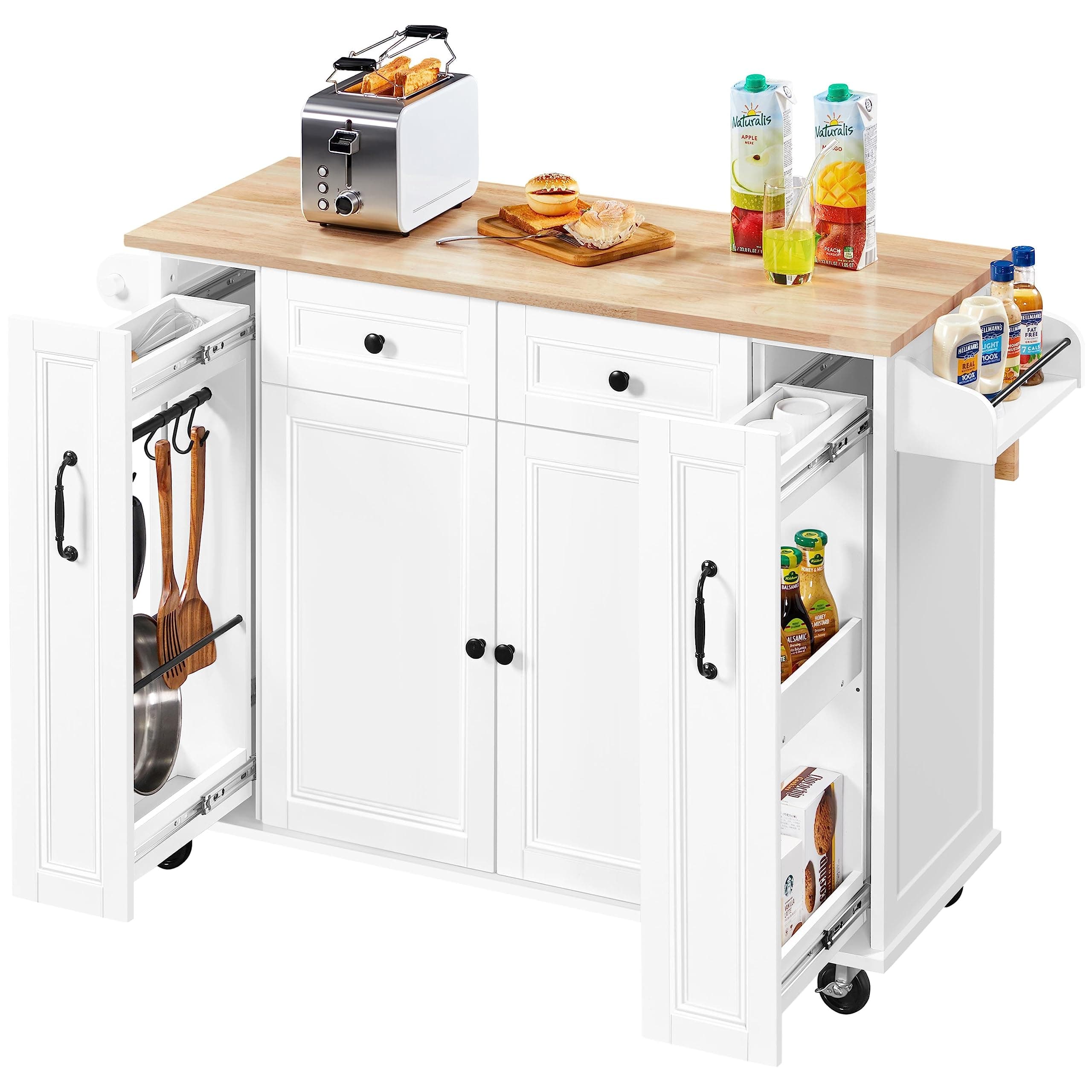 Yaheetech 52"W Kitchen Island with Drop-Leaf Breakfast Bar and 2 Pull-outs, Kitchen Cart on Lockable Wheels with Rubberwood Top & 2 Drawers & Adjustable Shelves, Storage Cabinet for Dining Room, White