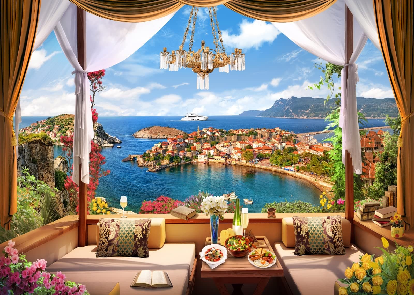 BELECO 7x5ft Fabric Romantic Mediterranean Bay Backdrop Tuscany Coastal City Scenery Luxury Restaurant Balcony Chandelier Dining Background Blue Sea Mountain View Portrait Shoot Photo Studio Props