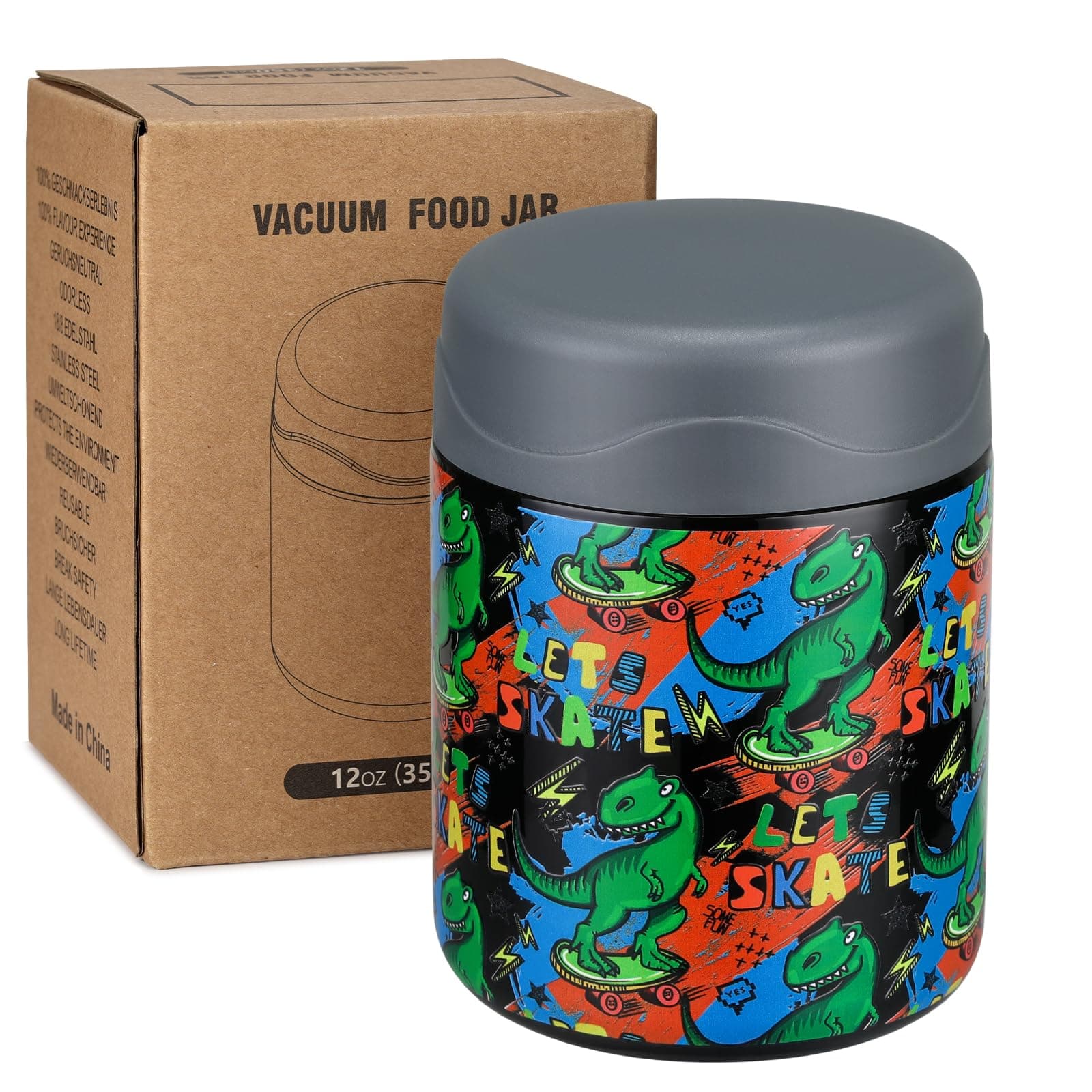 12oz Soup Thermo for Hot Food Kids Insulated Food Jar Wide Mouth Lunch Container Leak Proof Stainless Steel Vacuum Bento Box for School Office Travel Outdoors Black-Dinosaur