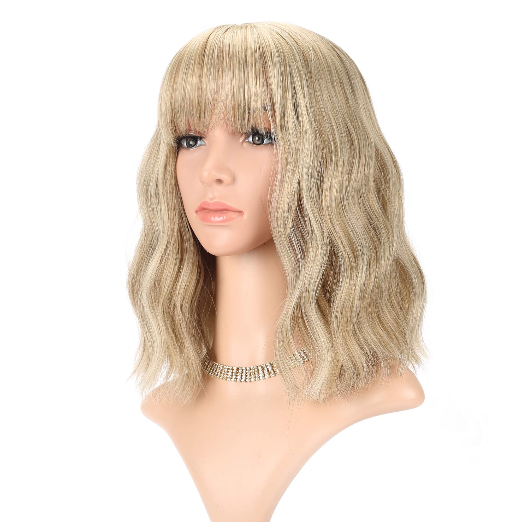 FAELBATY Blonde & Gold Bob Wig - Loose Wave, Air Bangs, Shoulder Length, Curly Wavy Synthetic, Mix Colors, 12"