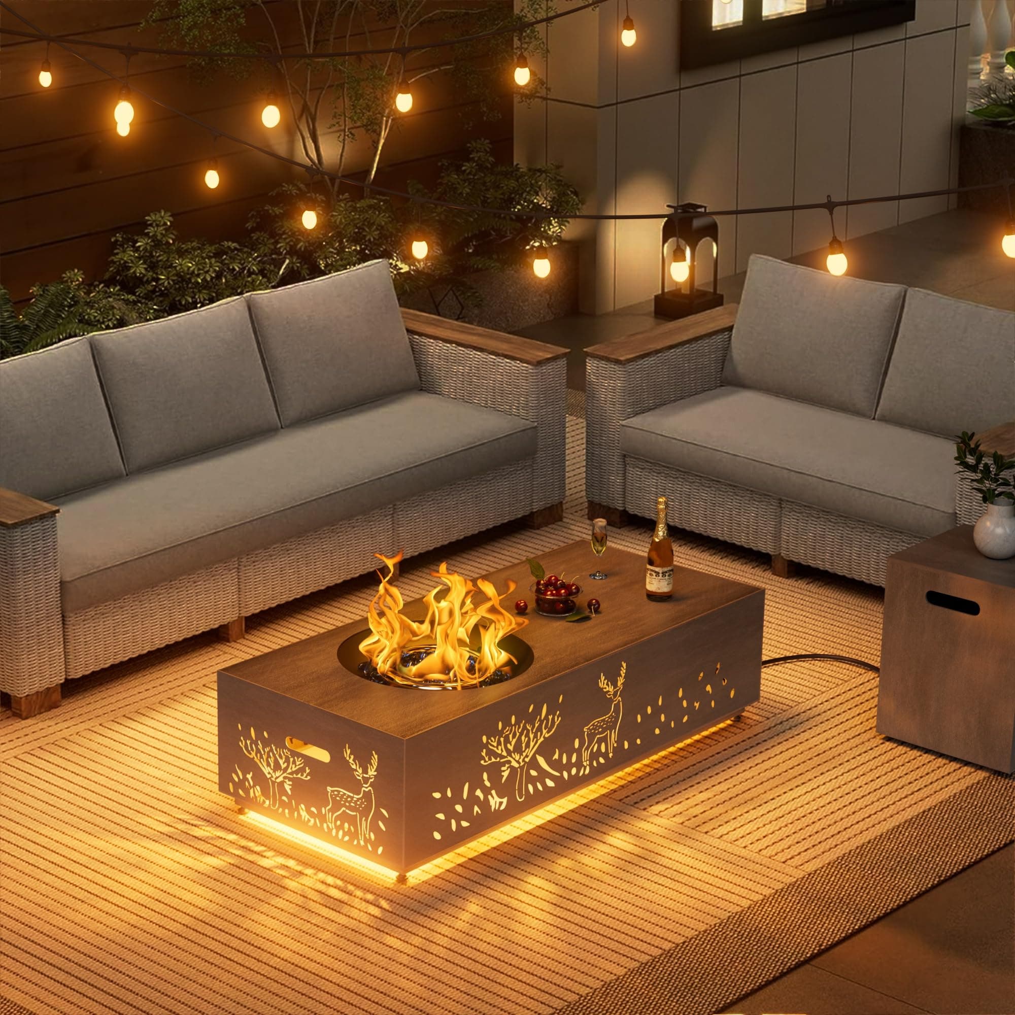 48" Round Burner Propane Fire Pit Table with LED Light – 50,000 BTU Fire Pit Table with Lid, Rocks, Cover and Tank Storage - Modern Outdoor Large Fire Table (Grey/Deer Cutout, 48" LED)