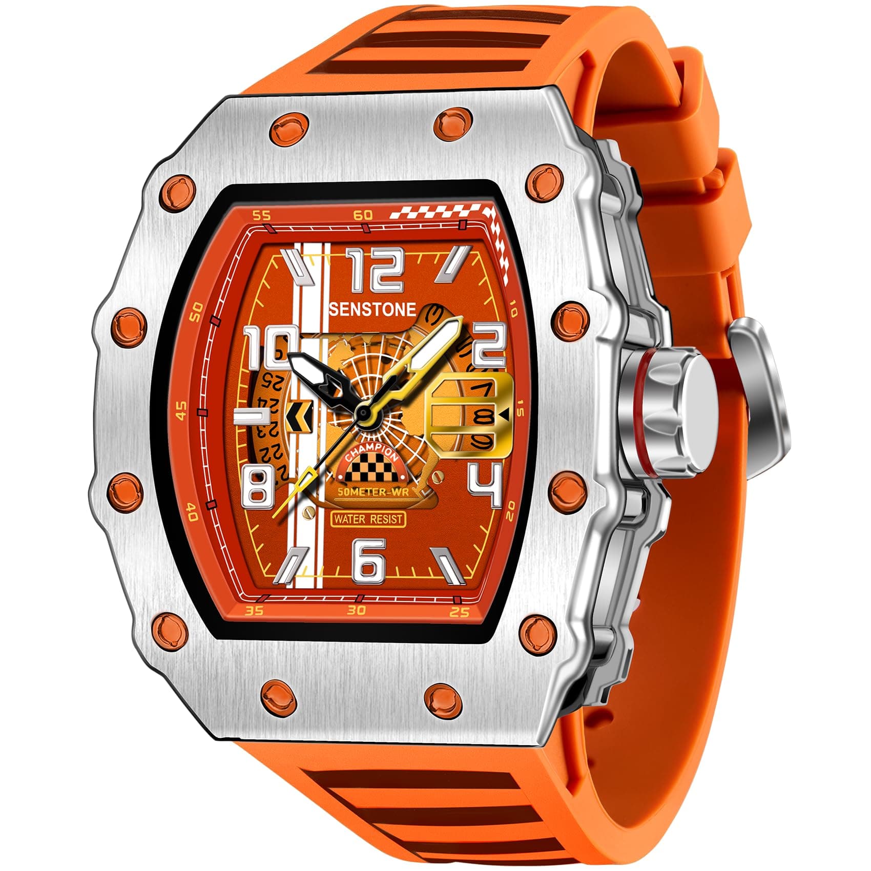 senstone Mens Watches Tonneau Design Analog Unique Sports Quartz Wrist Watch for Men with Luminous Date Calendar Rubber Strap Silicone Band