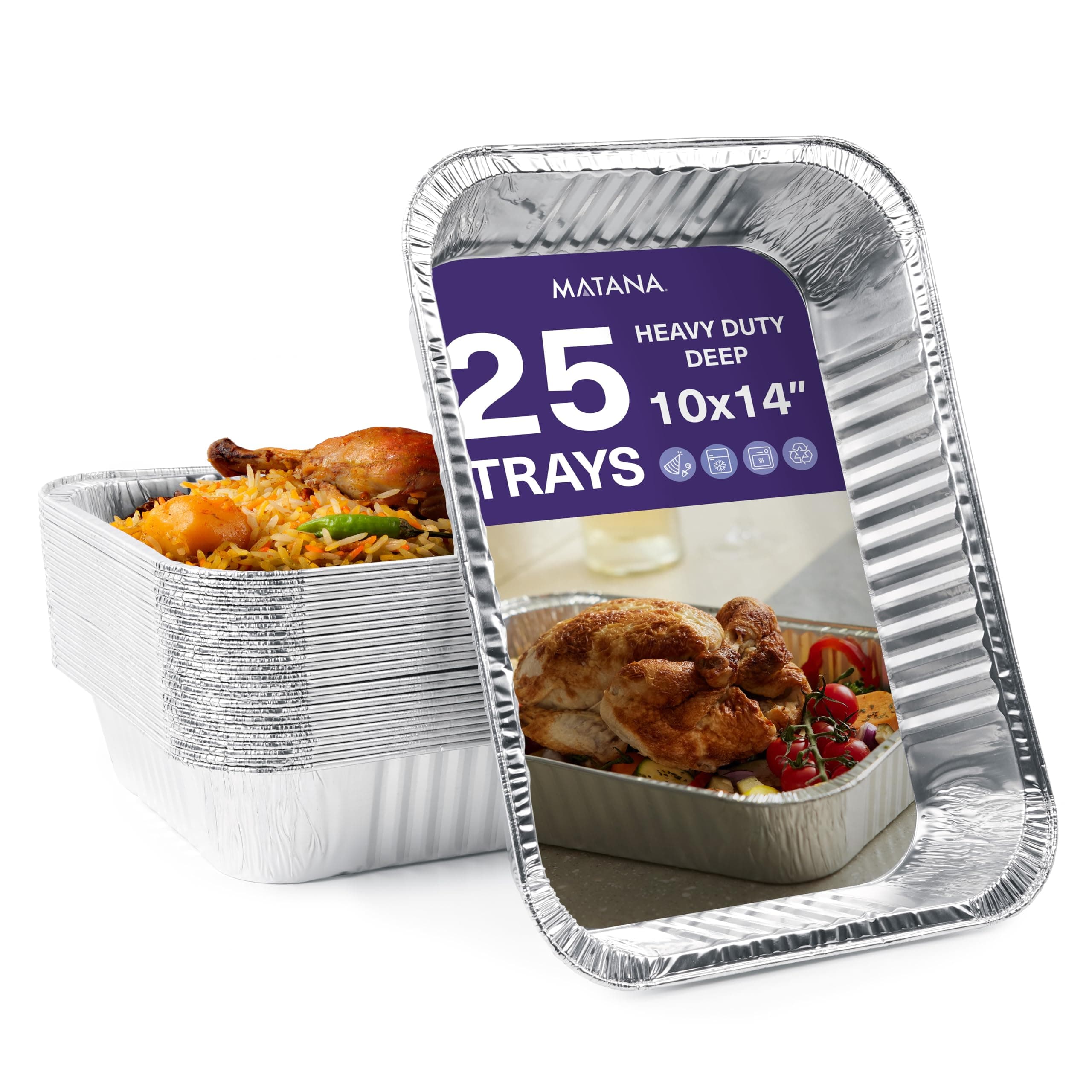 MATANA 25 Pack 10x14 Aluminum Pans, Lasagna Pan Disposable Baking Tin Foil Pan, Half Size Deep Steam Table Pan, Aluminum Tray, Great for Oven Roasting, Chafing, Heating, Serving Food, Parties