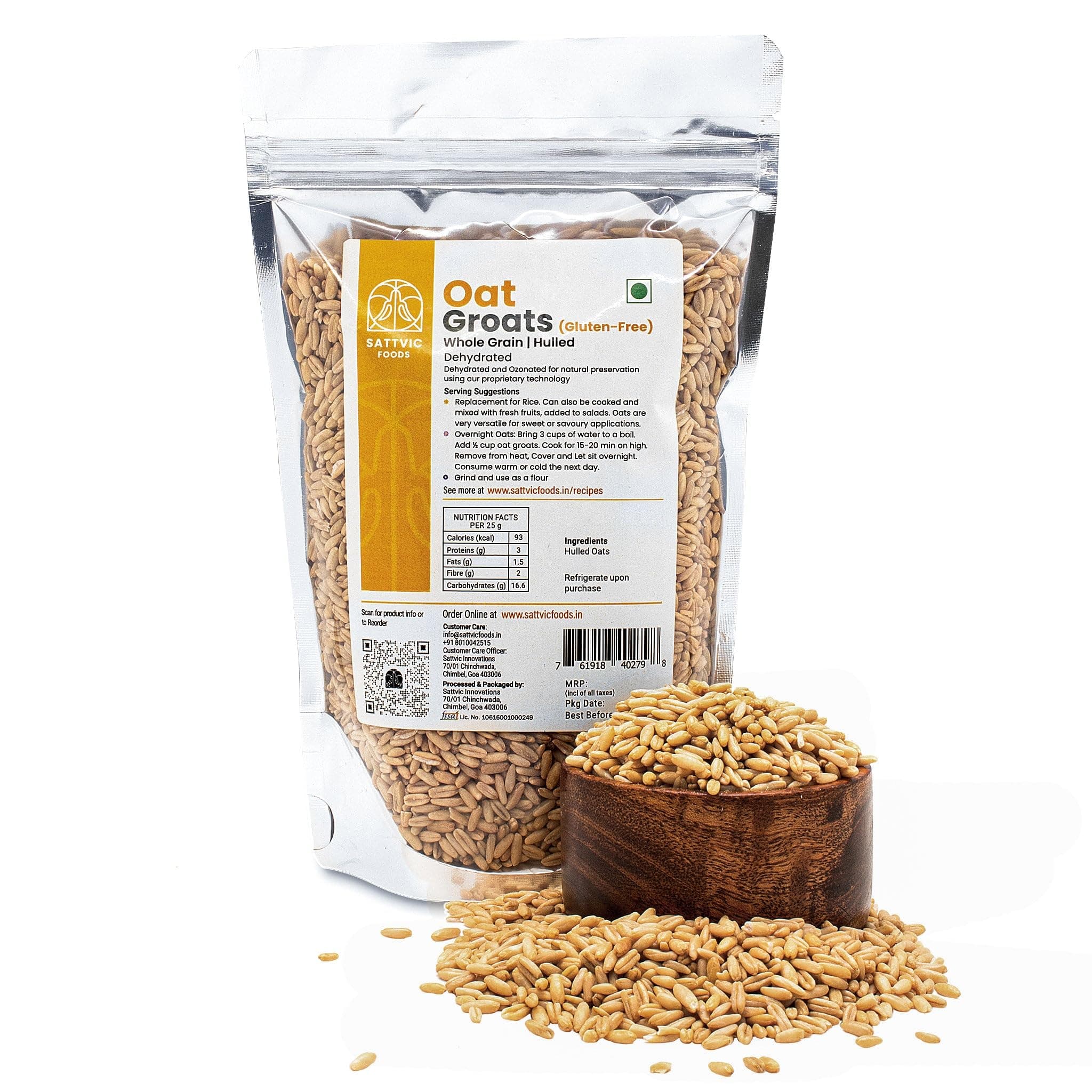 Sattvic Foods Oat Groats (1.5 kg) | Gluten-Free, NON-GMO Whole Oats | Fibre, Protein, Vitamin & Mineral Packed Whole Grain Oats | Make Delicious Oatmeal, Replace for Rice, Grind into Oat Flour