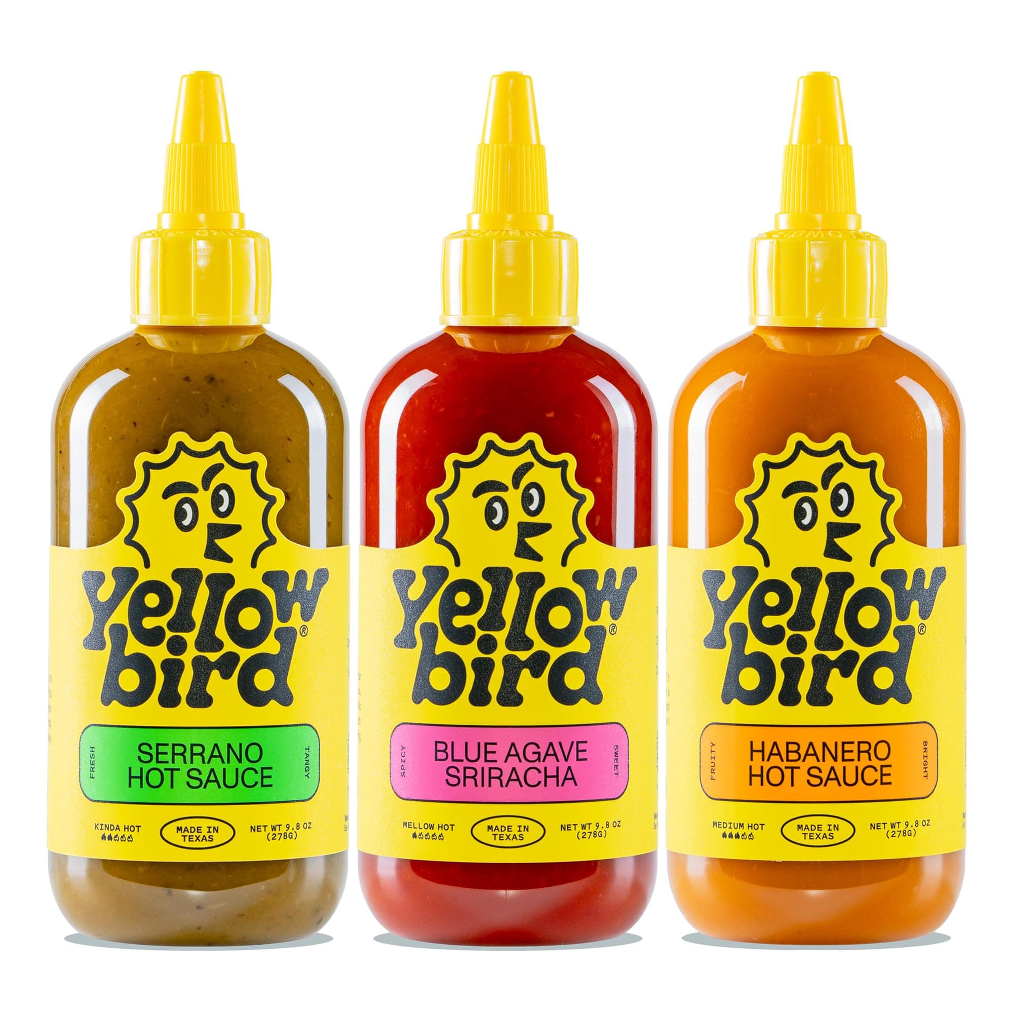 Yellowbird® Classic Hot Sauce Variety Set 9.8 oz Pantry Size | Sriracha + Serrano + Habanero (3 Flavors | Made in Texas)