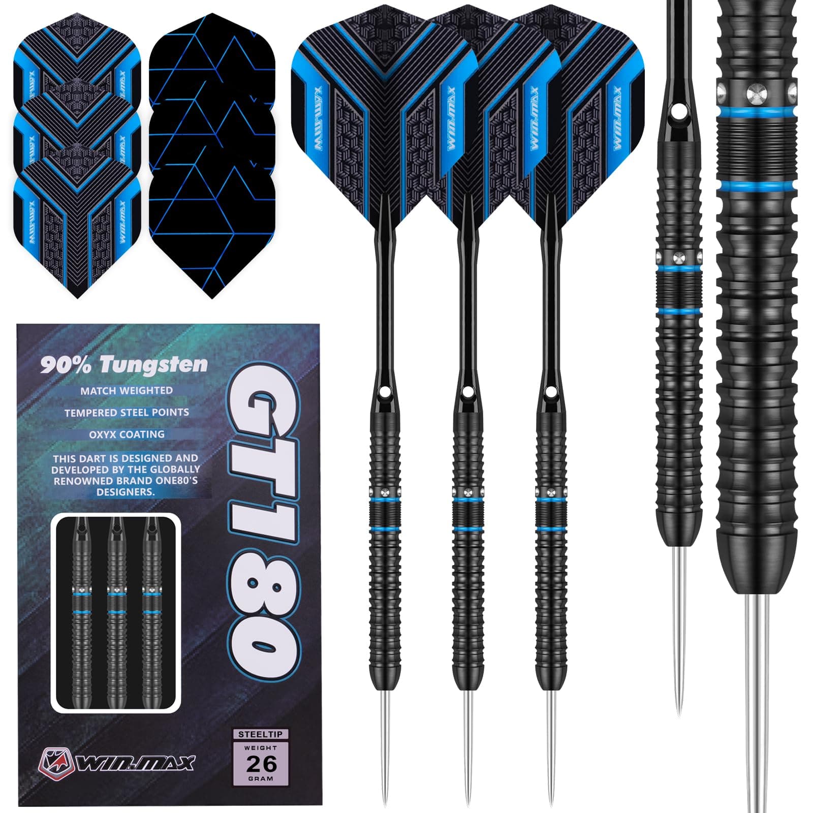 WIN.MAXDarts Tungsten Darts Steel Tip Darts Set (20g, 22g, 23g, 24g, 26g, 28g) - 3PCS Razor Edge Darts Set Professional Darts with Accessories, Including 3 Extra Flights