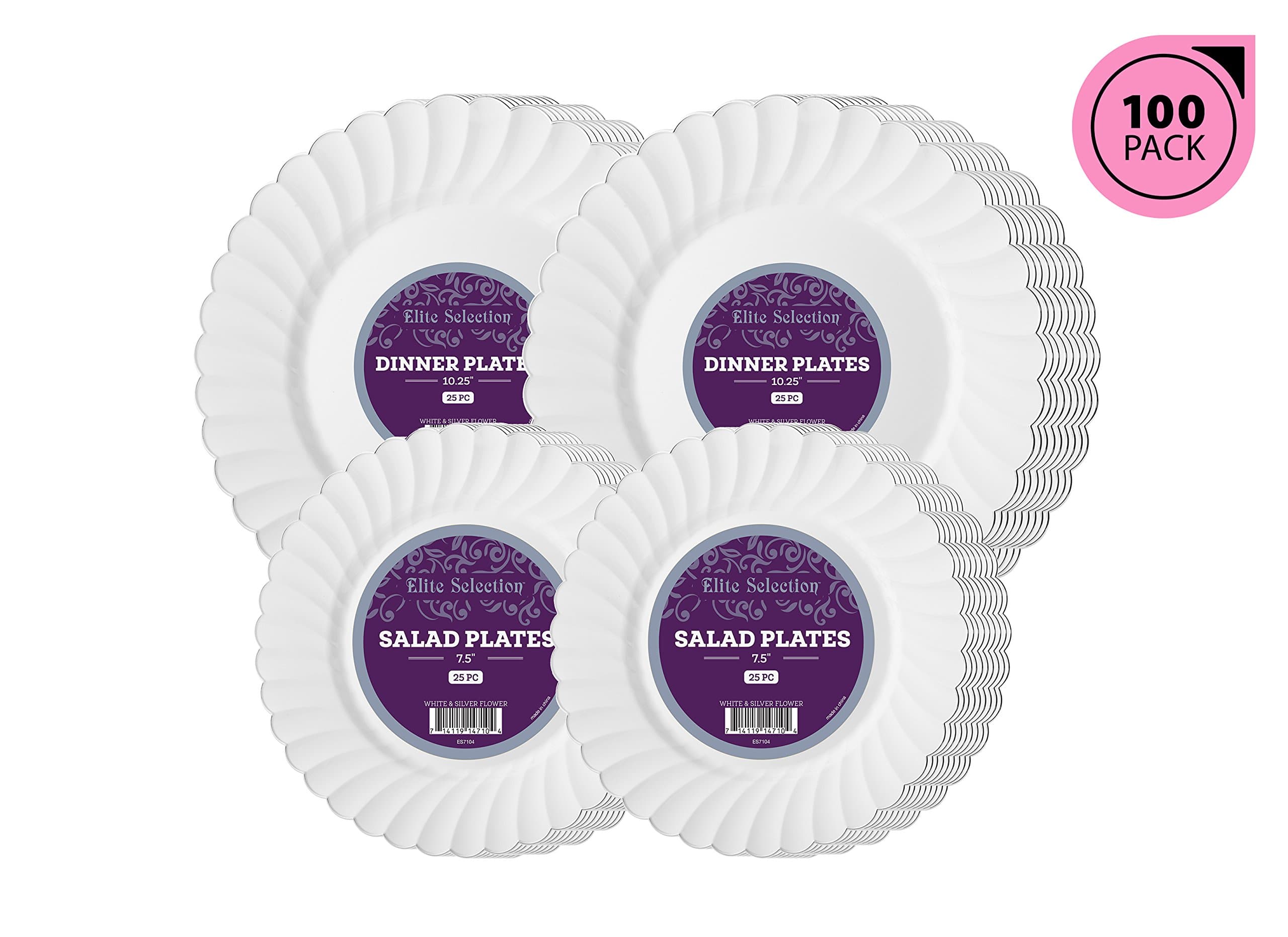 Elite Selection Combo Set of 100 Disposable Party Plastic Plates Scallop Silver Rim Includes 50 Dinner Plates 10.25" and 50 Salad/Dessert Plates 7.5"