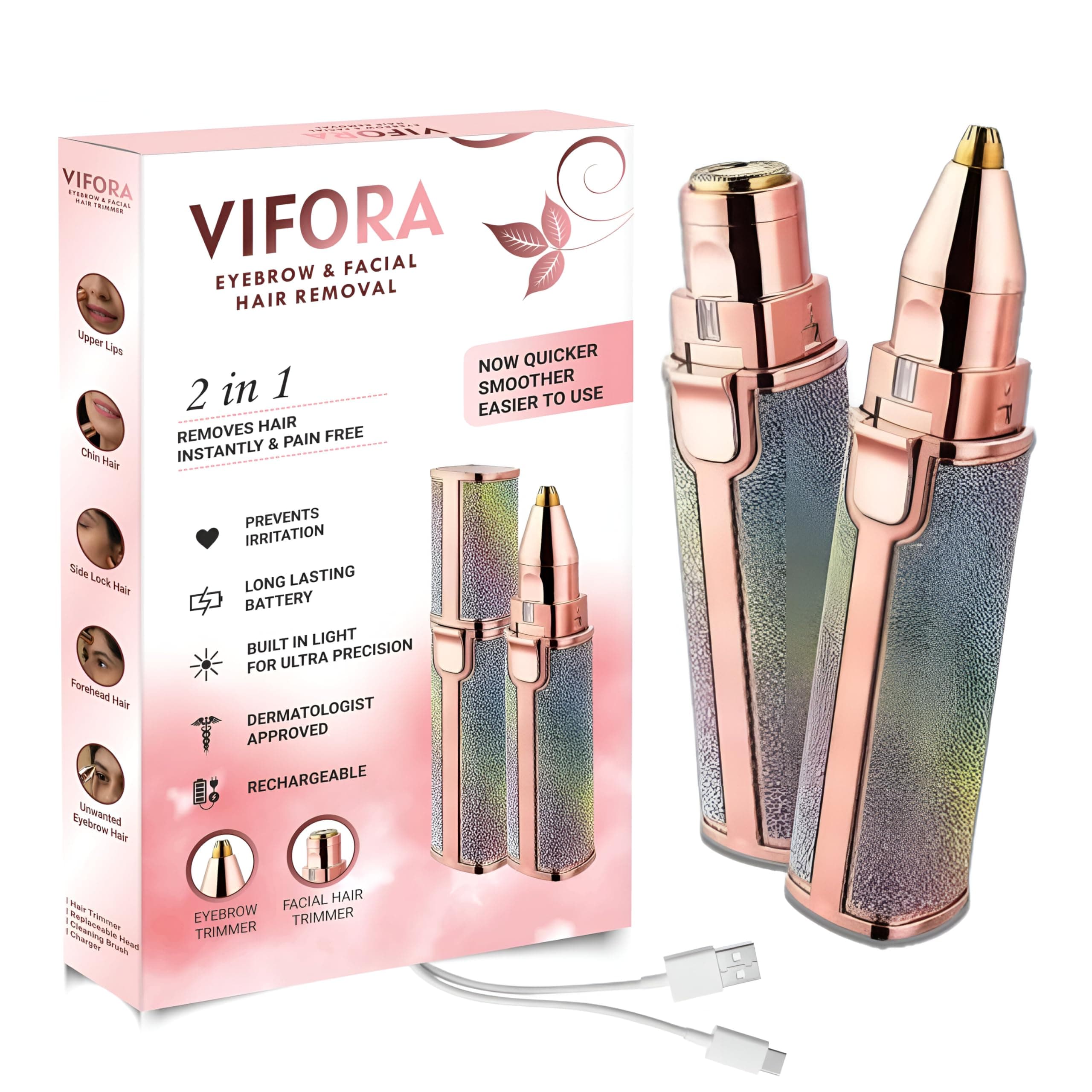 2-in-1 Eyebrow Trimmer for Women - Facial Hair Remover Machine For Women - Face,Upper Lips,Cheek, Chin and Nose Hair Remover, USB RECHARGEABLE Epilator With Ring Light (Rainbow Color)