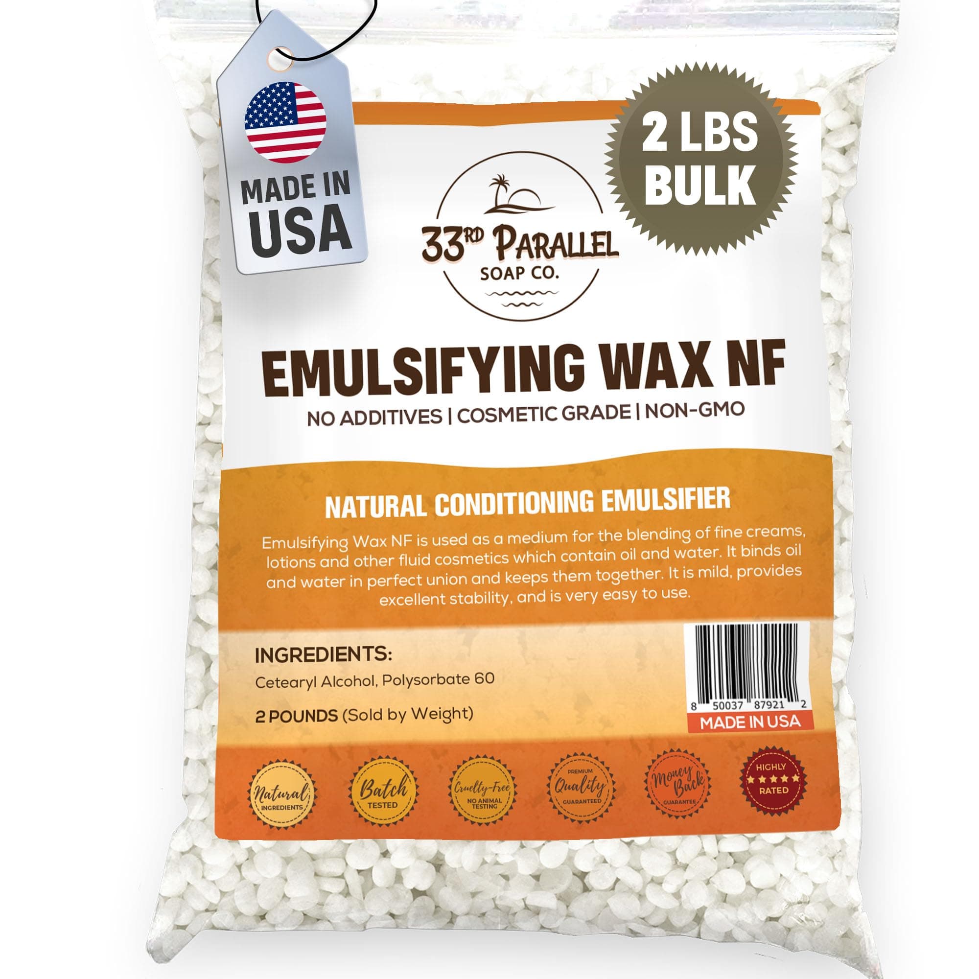Non-GMO Emulsifying Wax NF Pastilles (2 LBS / 32 OZ) 100% Natural Plant Derived | For Lotions, Creams, Soap Making, Hair Products | Cosmetic Grade | Product of USA | 2 POUNDS