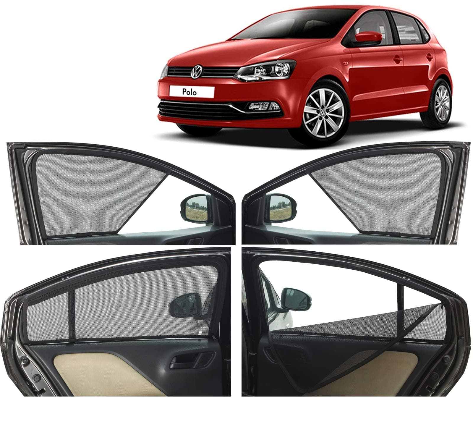 Autofact Half Magnetic Window Sunshades / Curtains for Volkswagen Polo [Set of 4pc - Front 2pc Half Without Zipper ; Rear 2pc Full with Zipper] (Black)