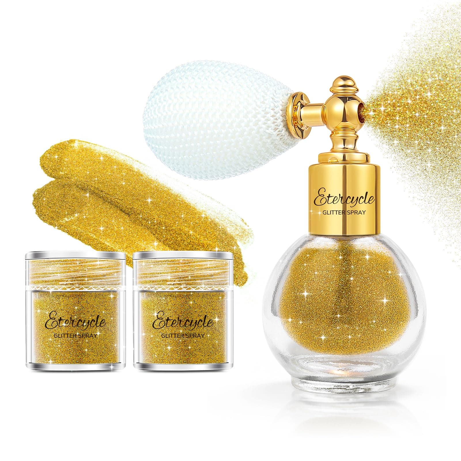 Etercycle Hair Glitter Spray, Gold Body Glitter Spray Fine Face Shimmer Powder, Cosmetic Shimmer Makeup Glitter Highlighter Powder Hairspray for Y2K Accessories, Party, Stage Shows, Nightclubs, Bar