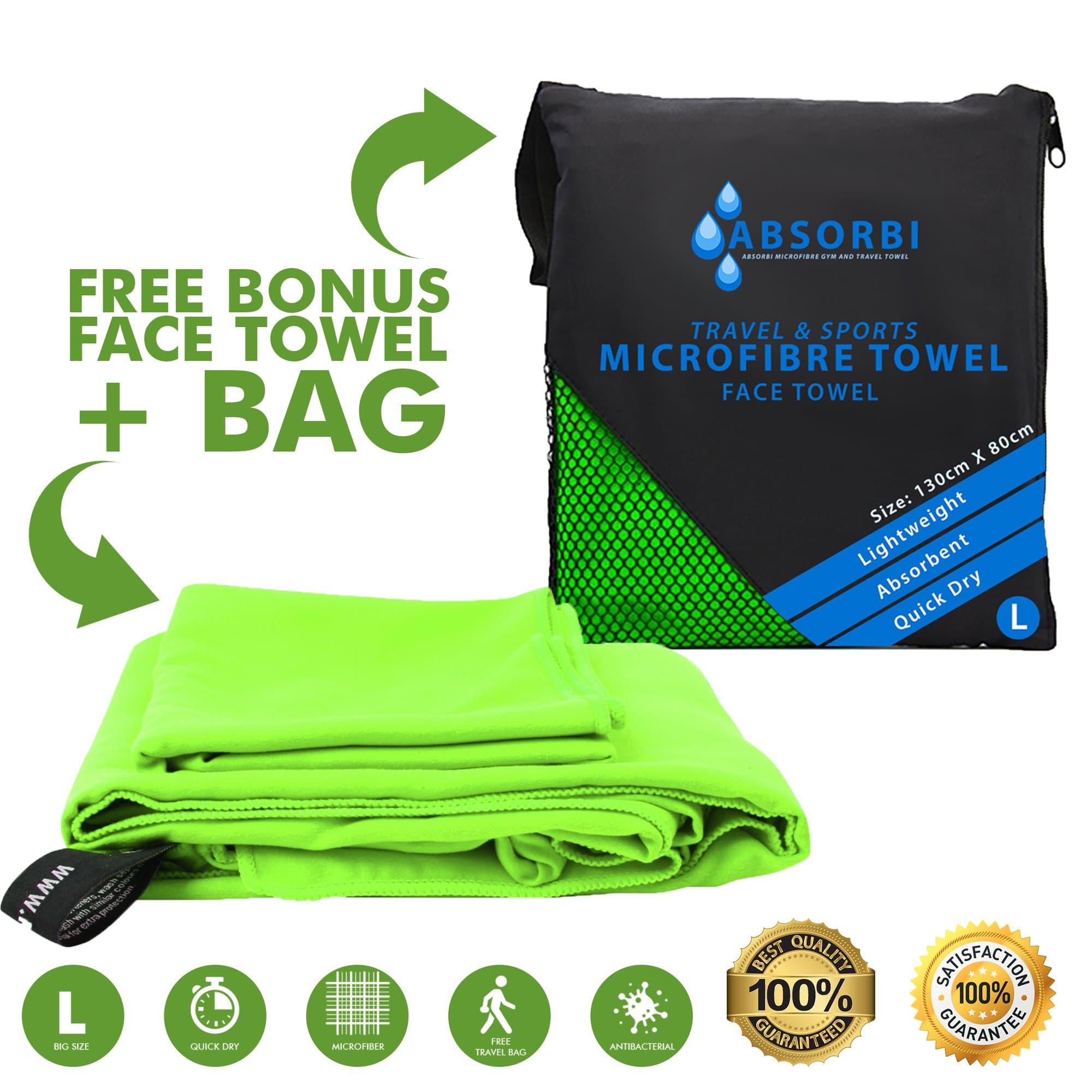 Microfibre Sports & Travel Towel | Antibacterial & Super Absorbent | Quick Dry Towel for Yoga, Crossfit, Pilate, GYM, Sports, Camping, Golf, Hair, Beach, Bath, Swimming | Neon Green 130X80 cm