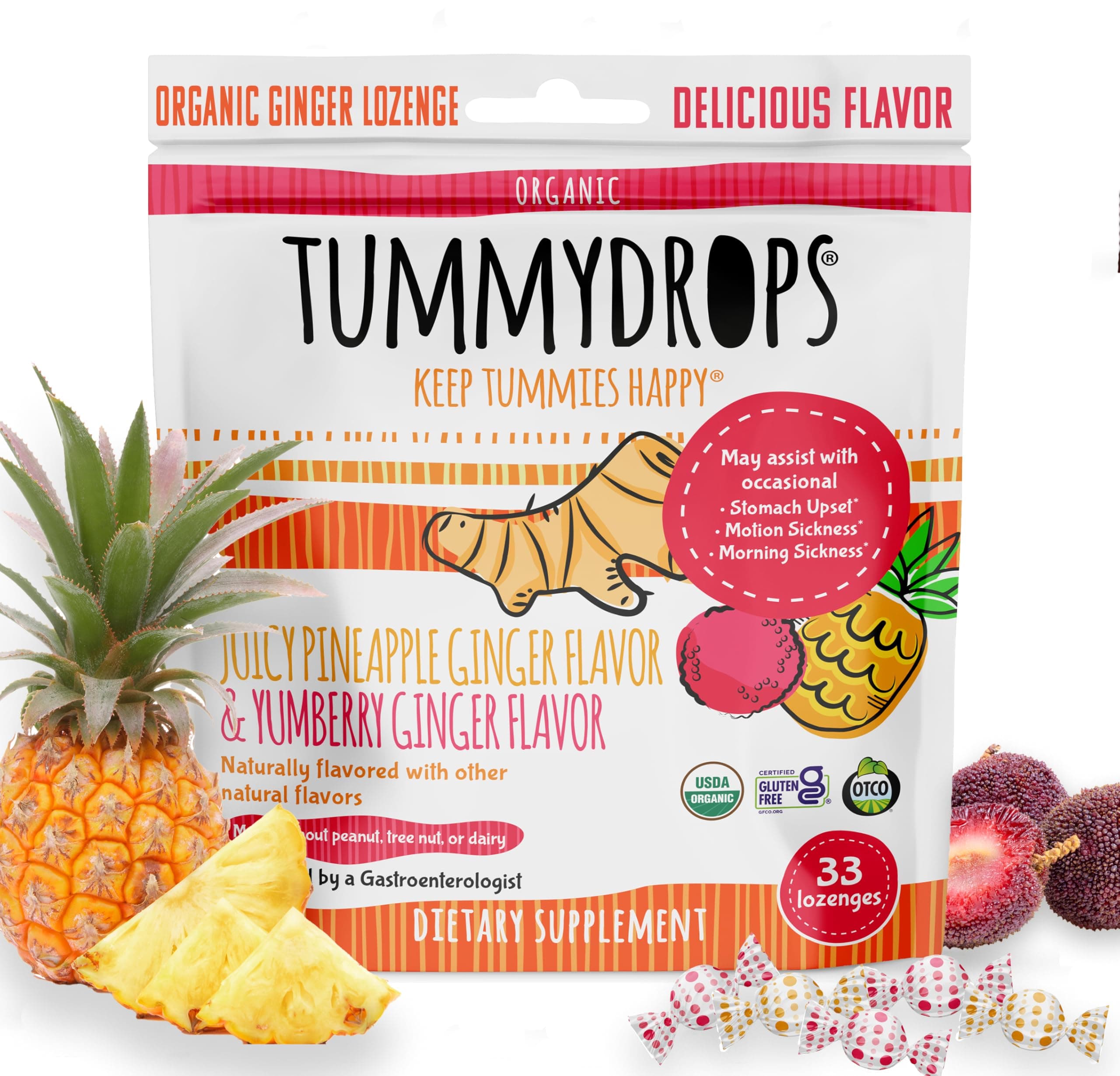 USDA Organic Tropical Ginger Variety Pack (mix of pineapple & yumberry, 33 individually wrapped