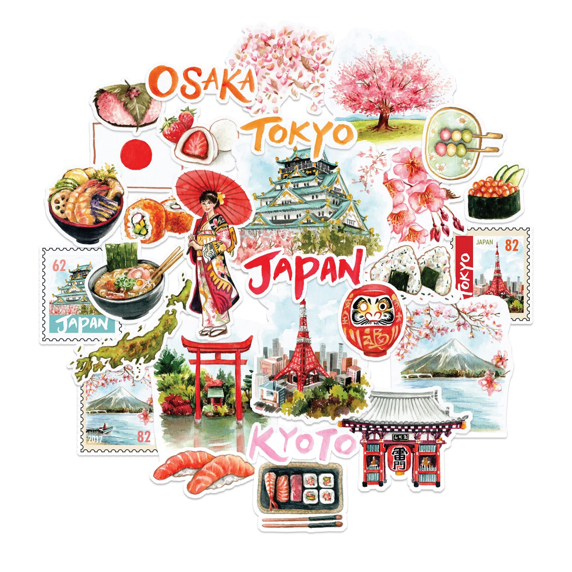 Navy Peony Imperial Japan Travel Stickers (29pcs) – Small Hand-Drawn Art for Scrapbooks, Journals