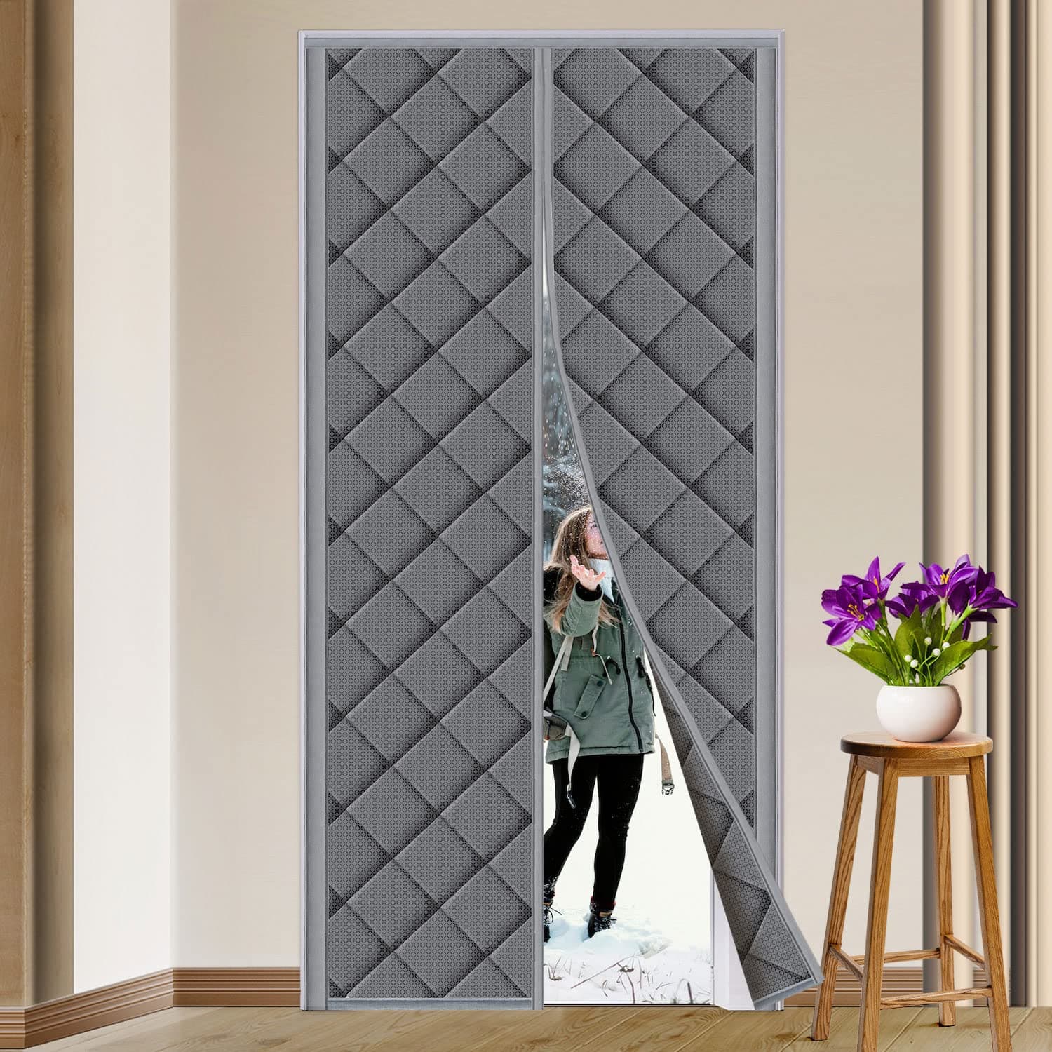 Magnetic Thermal Insulated Door Curtain Fits Door Size 36" x 82" Thicken Nylon Cotton Temporary Magnet Closure Thermal Door Cover Size W38 x L83 inch Weatherproof Windproof Soundproof, Grey