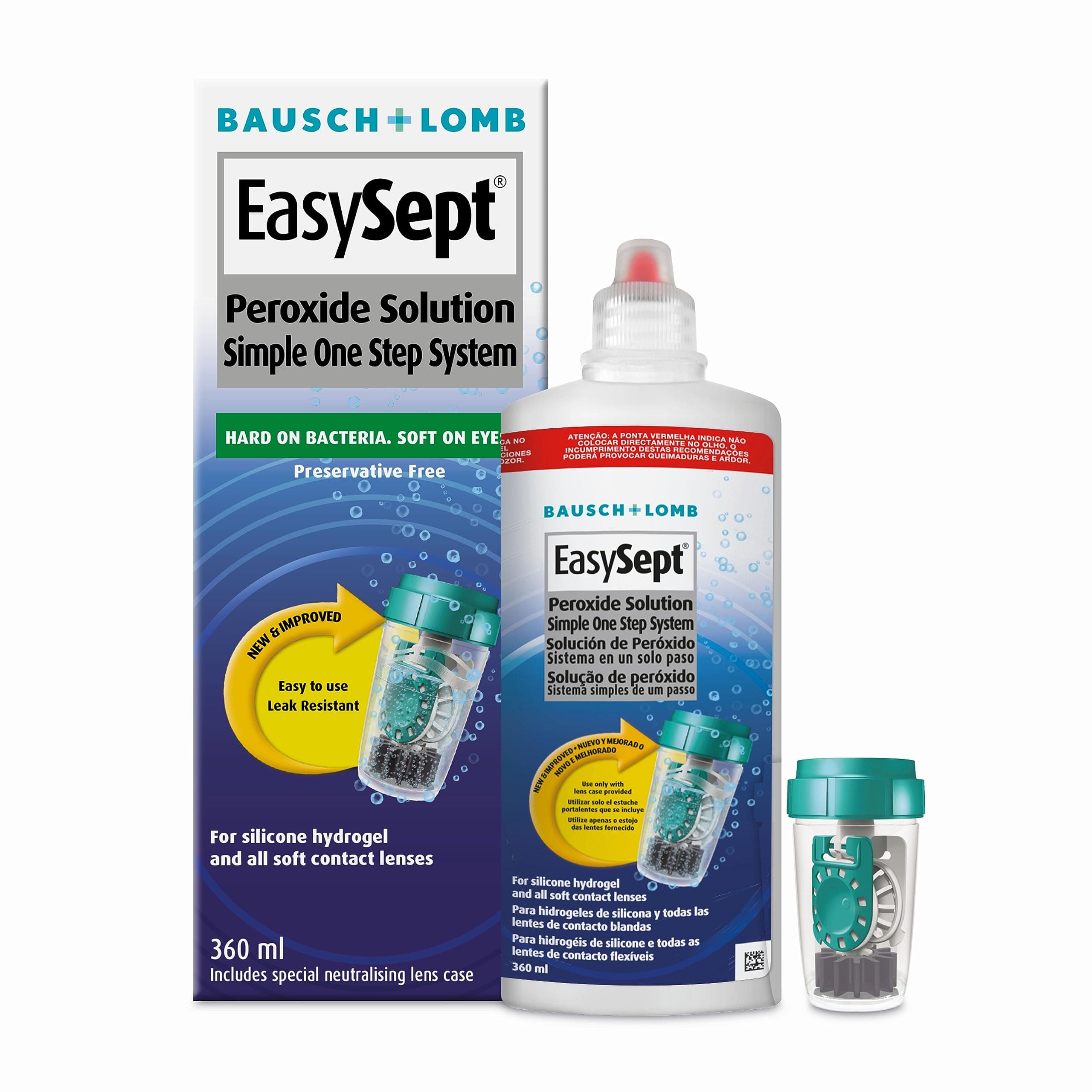 EasySept Peroxide Solution, 360ml - Contact Lens Solution with a Simple One Step System for Disinfection of Soft Contact Lenses, Lens Case with Neutralising Disc Included, Suitable for Sensitive Eyes