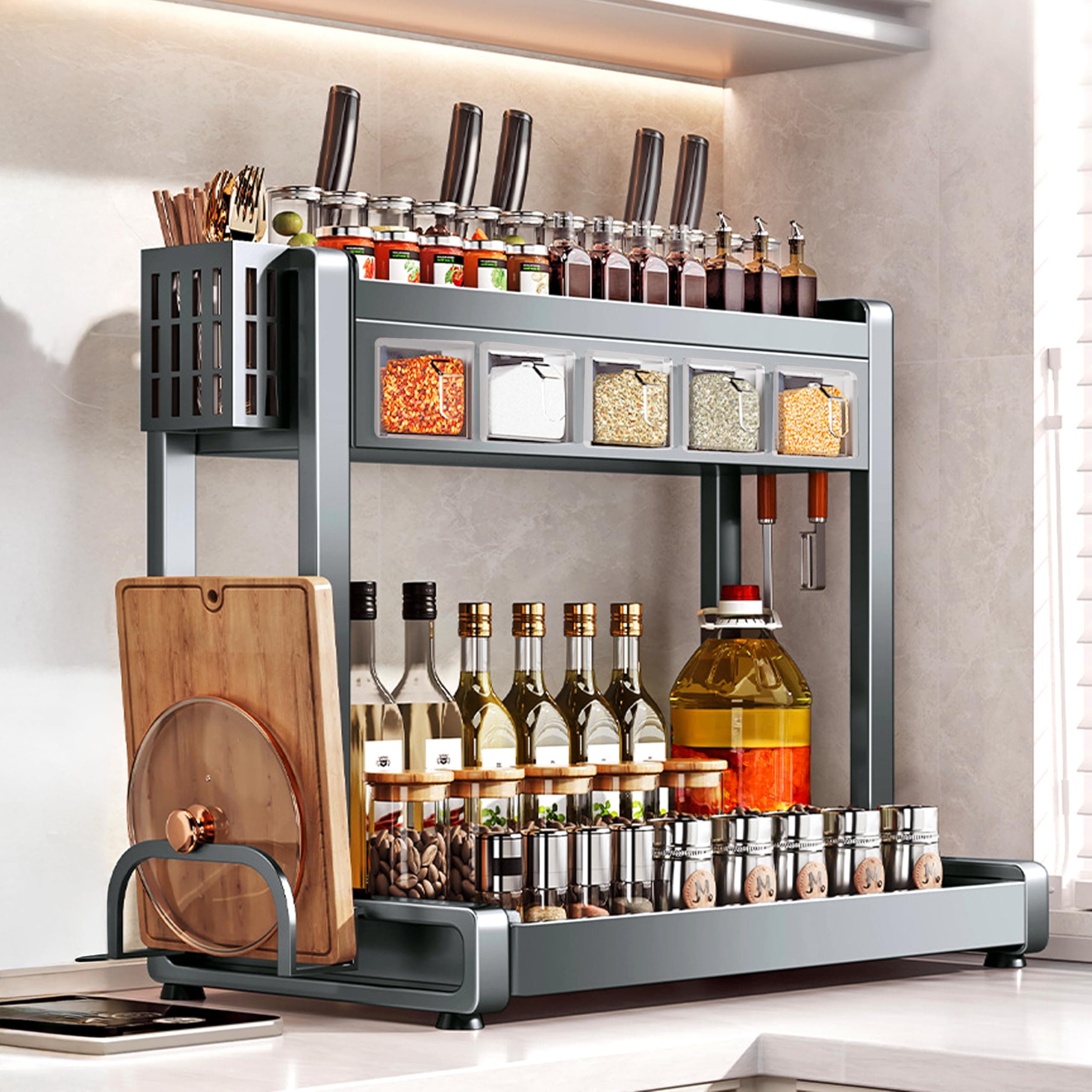 PRIME PICK Spice Kitchen Rack Organizer – 2-Tier Large Capacity Metal Rack with 5 Spice Boxes, 3 Hooks, Cutlery Holder, Chopping Board Holder, and Versatile Storage Solution for Countertop (Grey