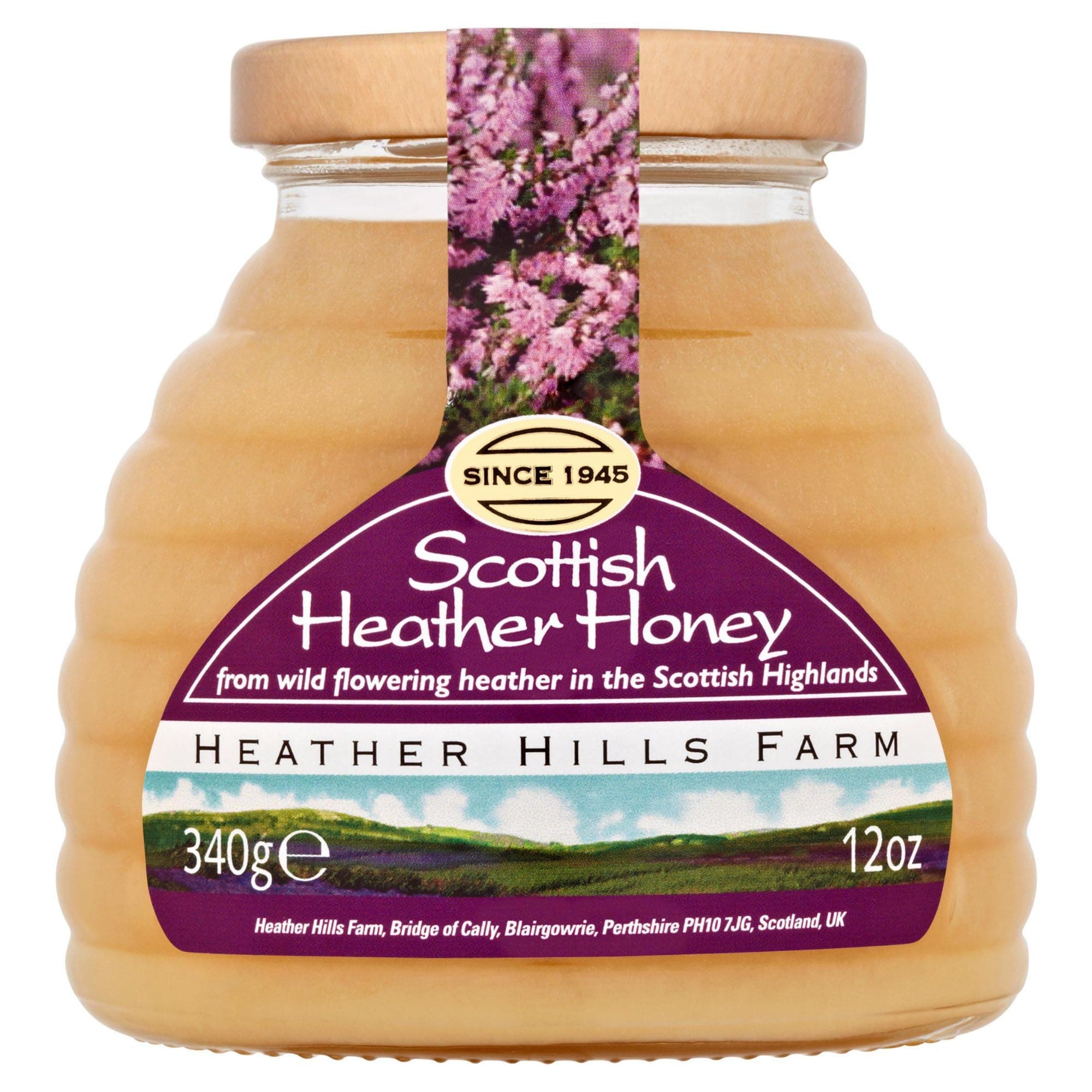 Heather Hills Farm Raw Scottish Heather Honey Jar 340g (12oz) - Highland Wild-flowering Purple Ling Heather Artisanal Pure Natural Honey, Traditional British Food Gift & Spread, Made in Scotland