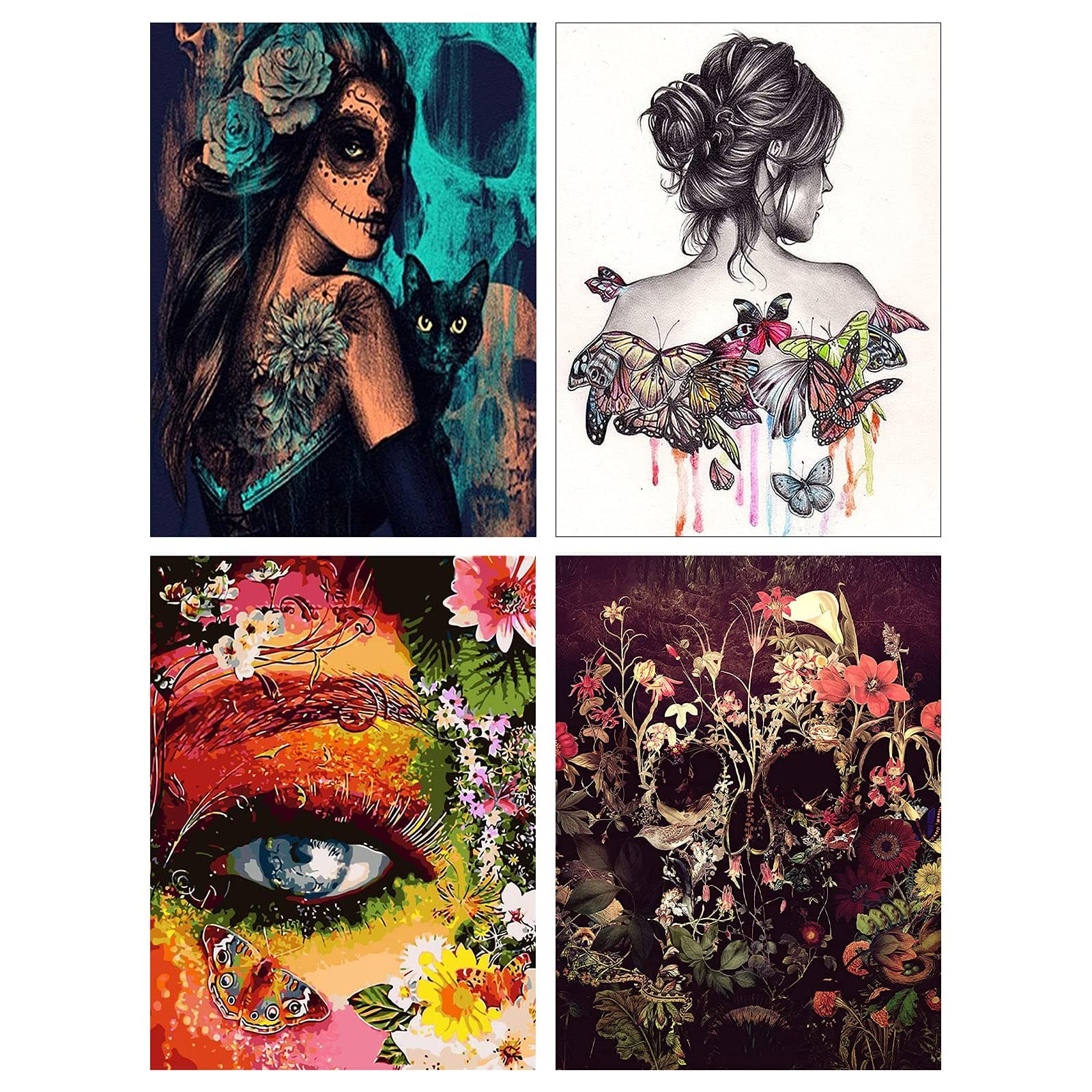 4 Pack Paint by Numbers for Adults, Oil Painting Kit Acrylic for Kids, DIY Painting Kits for Beginners, Arts Craft for Home Wall Decor Gift, Skeleton Witch Flower Halloween 15.7x19.6inch