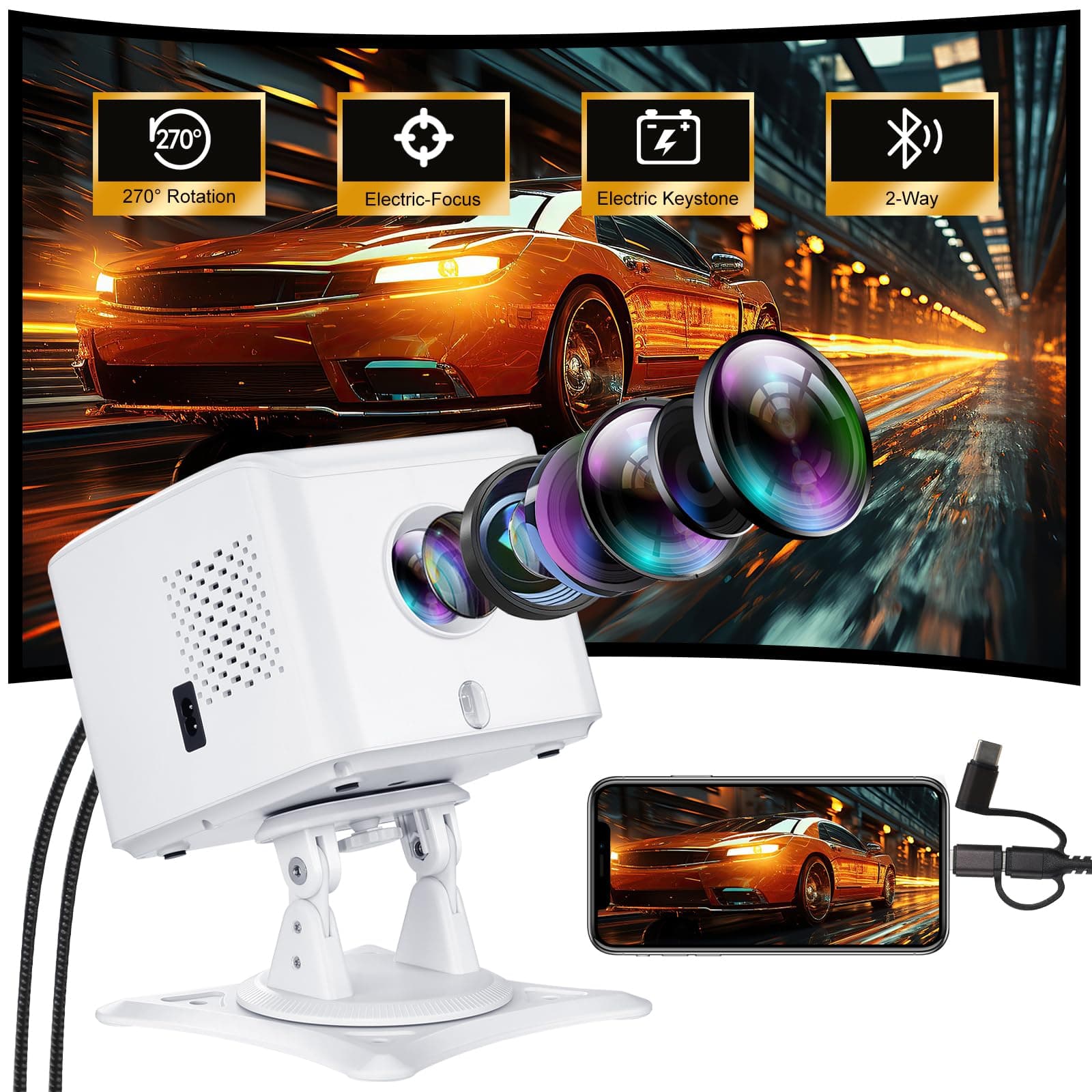 Mini Projector with WiFi and Bluetooth,Wall Projector [360°Adjustable-Stand & Electric Focus & Auto Keystone] 2025 Upgrade Portable 1080P Outdoor Movie Projector for Phone/TV Stick/HDMI/USB/Laptop