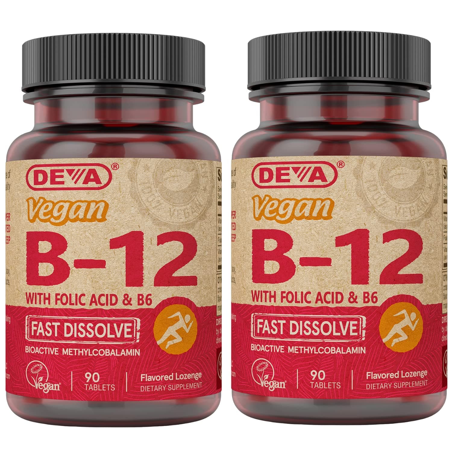 Vegan Vitamin B12 Fast Dissolve Supplement - Once-Per-Day Complex with 1000 Mcg Methylcobalamin B12, Folic Acid, B6 - Lemon Flavor - 90 Dissolvable Tablets, 2-Pack