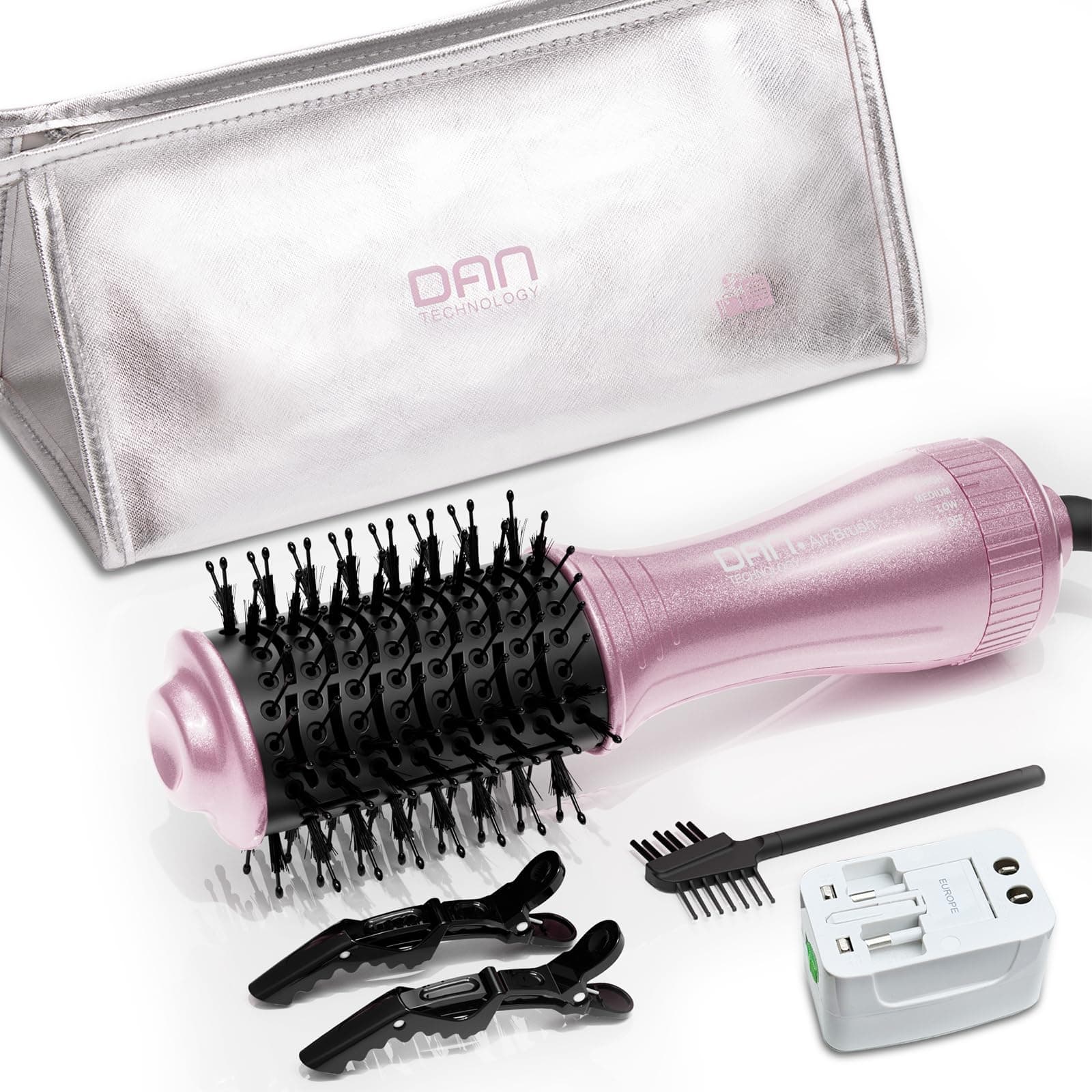 DAN Dual Voltage Hair Dryer Brush,2 inch Blow Dryer Brush,110V-120V/220V-240V Automatic Dual Voltage,smallBrush Hair dryers with Multifunctional Conversion Plug,for European and Travel Use