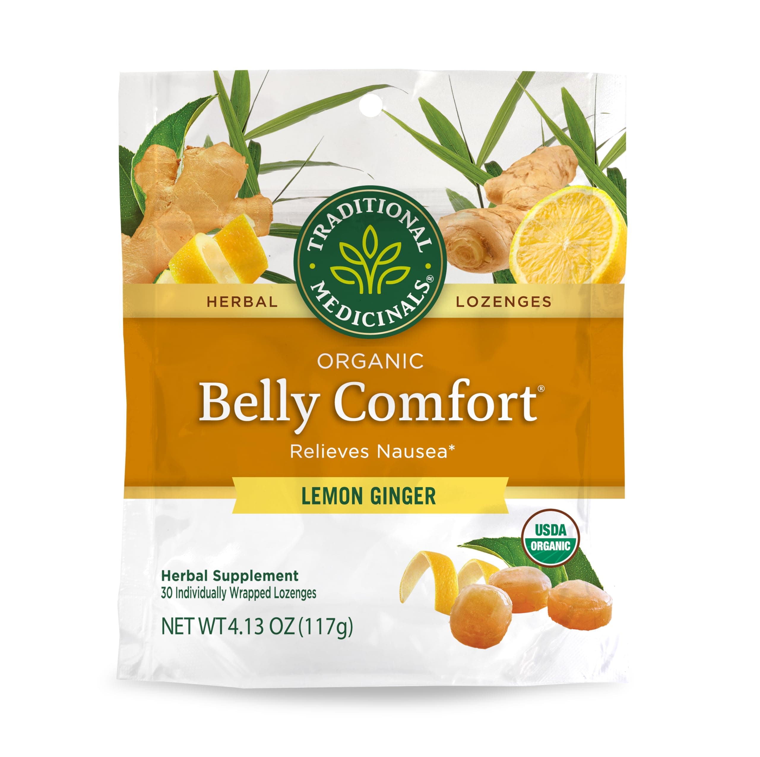 Traditional Medicinals Organic, Belly Comfort Lozenges, Lemon Ginger - Supports Nausea Relief and Occasional Indigestion - Non-GMO, Stimulant-Free - 30 Individually Wrapped Lozenges