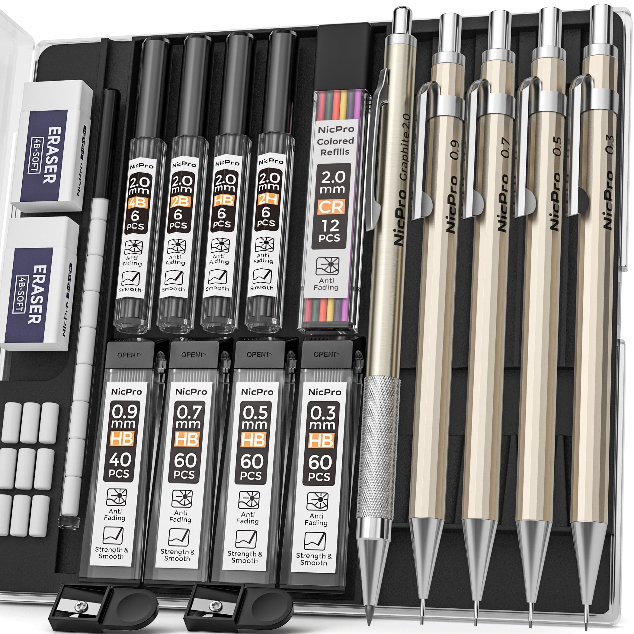 5 PCS Art Mechanical Pencils Set, Metal Drafting Pencil 0.3 & 0.5 & 0.7 & 0.9 & 2mm Graphite Lead Holder(4B 2B HB 2H Colored) for Sketching Drawing With Lead Refills Eraser Case