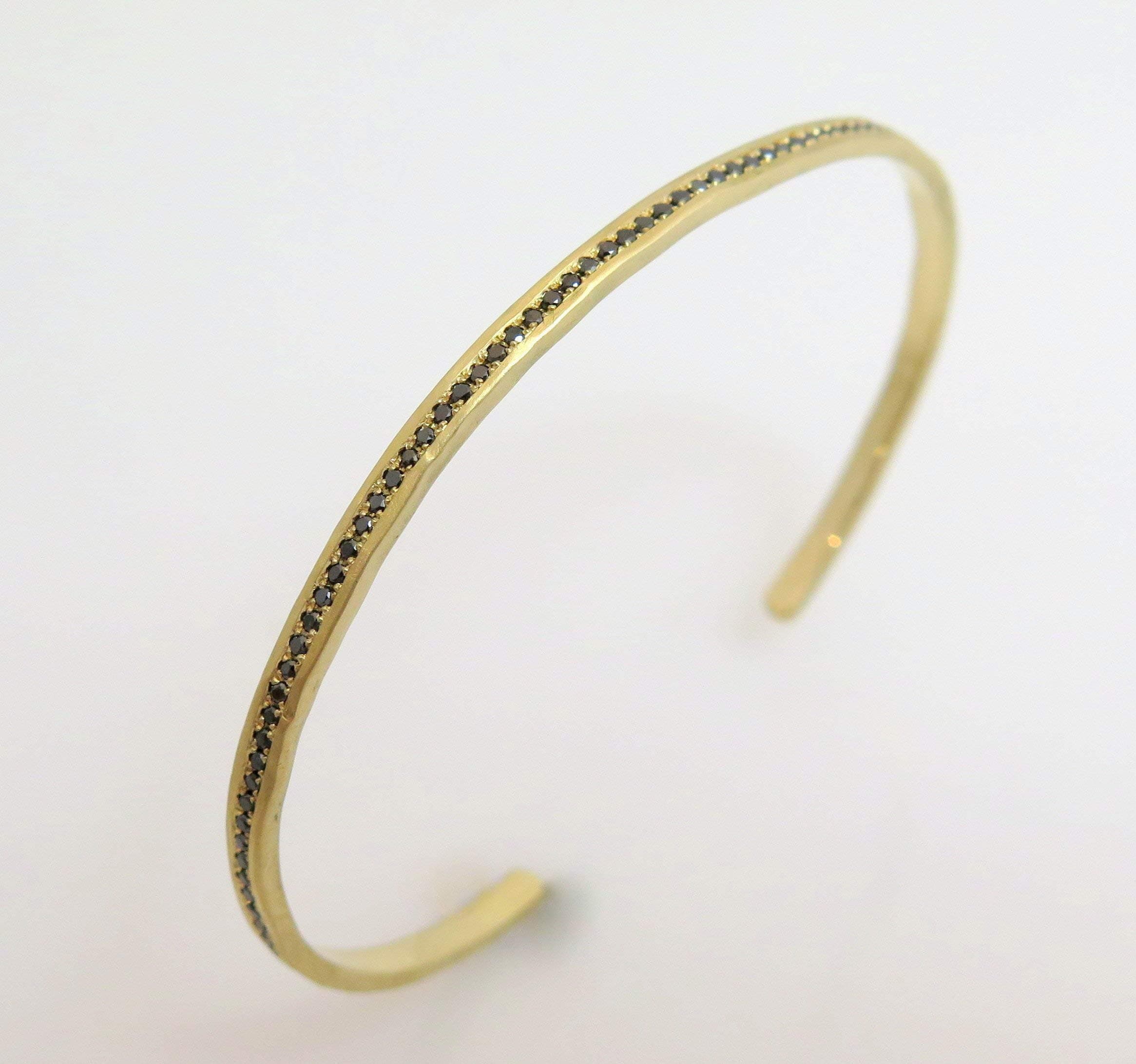Black Diamond Cuff Bracelet, Hammered Eternity Diamond Cuff Handmade of Solid 18k/14k Yellow, Rose or White Gold, Fine Jewelry