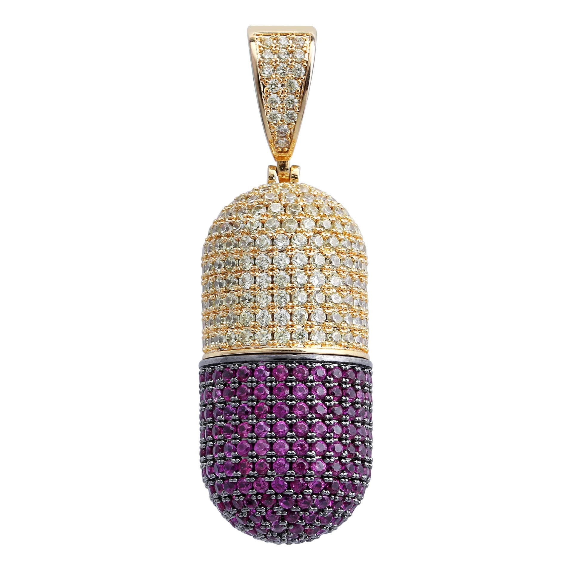 Jewelry Hip Hop Iced Out Bling CZ Capsule Medicine Pill Holder Container Pendant Cremation Urn Necklace with 24 Inch Stainless Steel (Gold+Purple), Brass