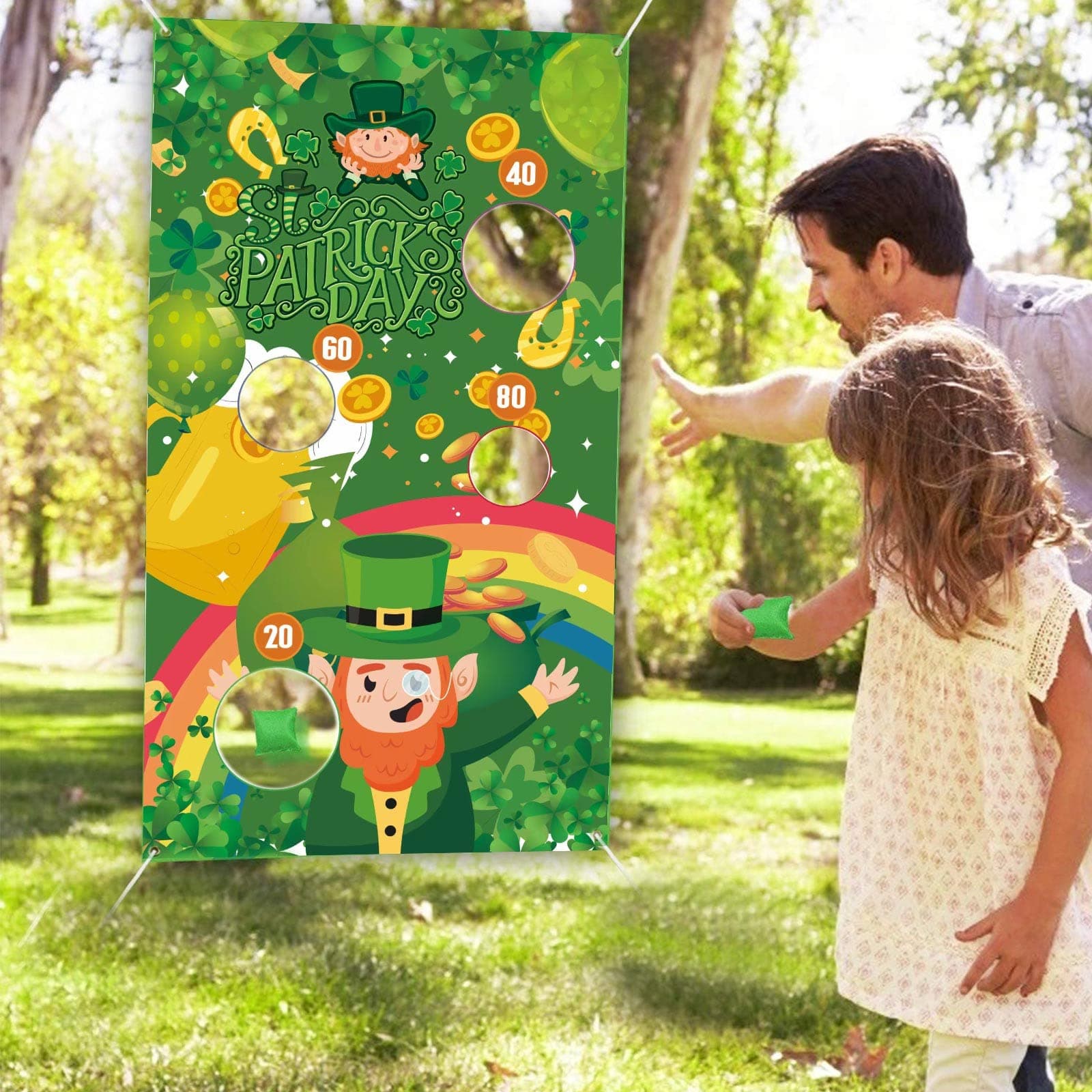 St. Patrick's Day Bean Bag Toss Game Saint Patrick's Irish Party Game Favor with 3 Bean Bags - Leprechaun, Shamrock Hanging Toss Game Banner