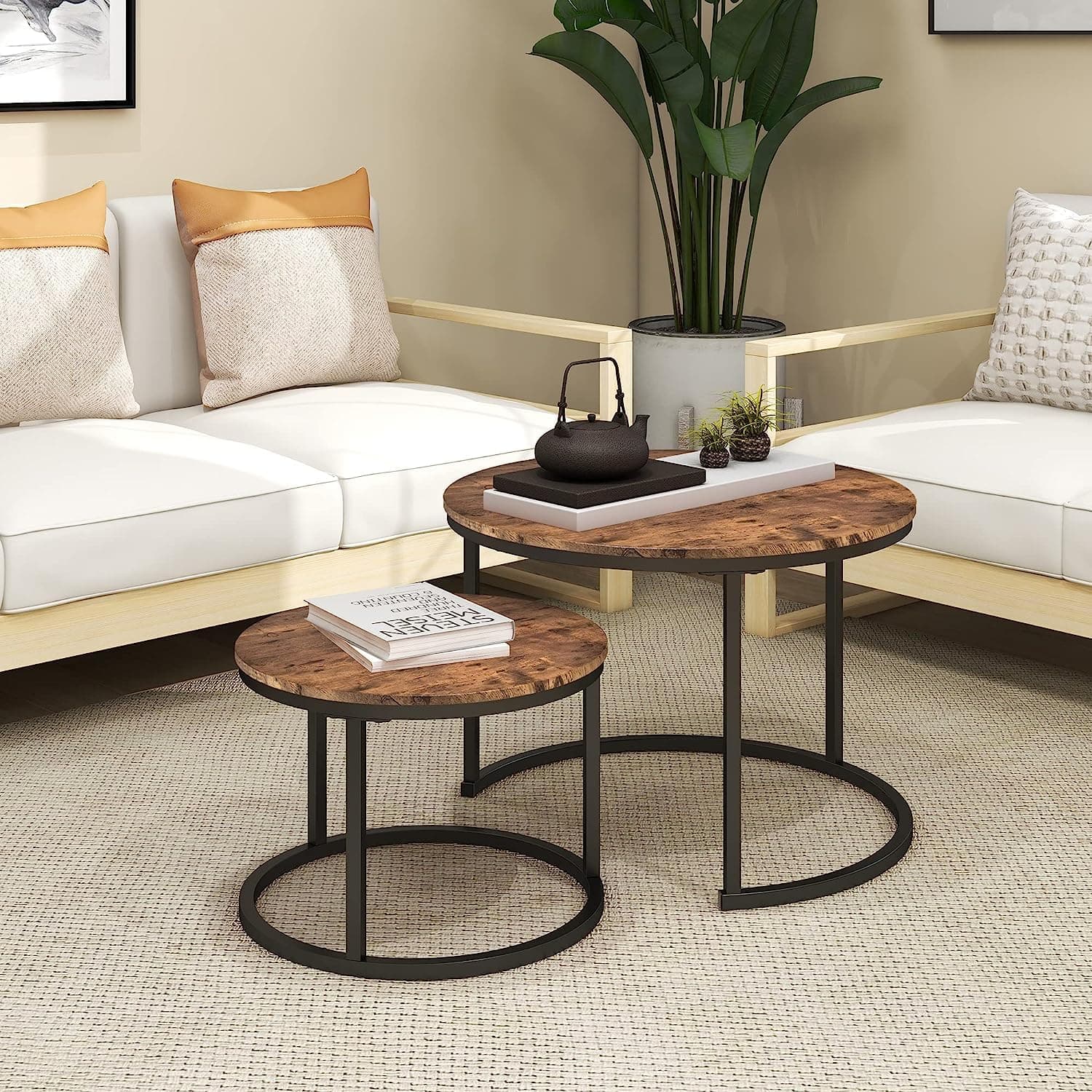 DUMEE Round Coffee Table, Set of 2 Side Table Nesting Table with Steel Frame and Wooden Top, for Living Room, Bedroom, Balcony, (Rustic Brown/Black, Dia 60/40cm)