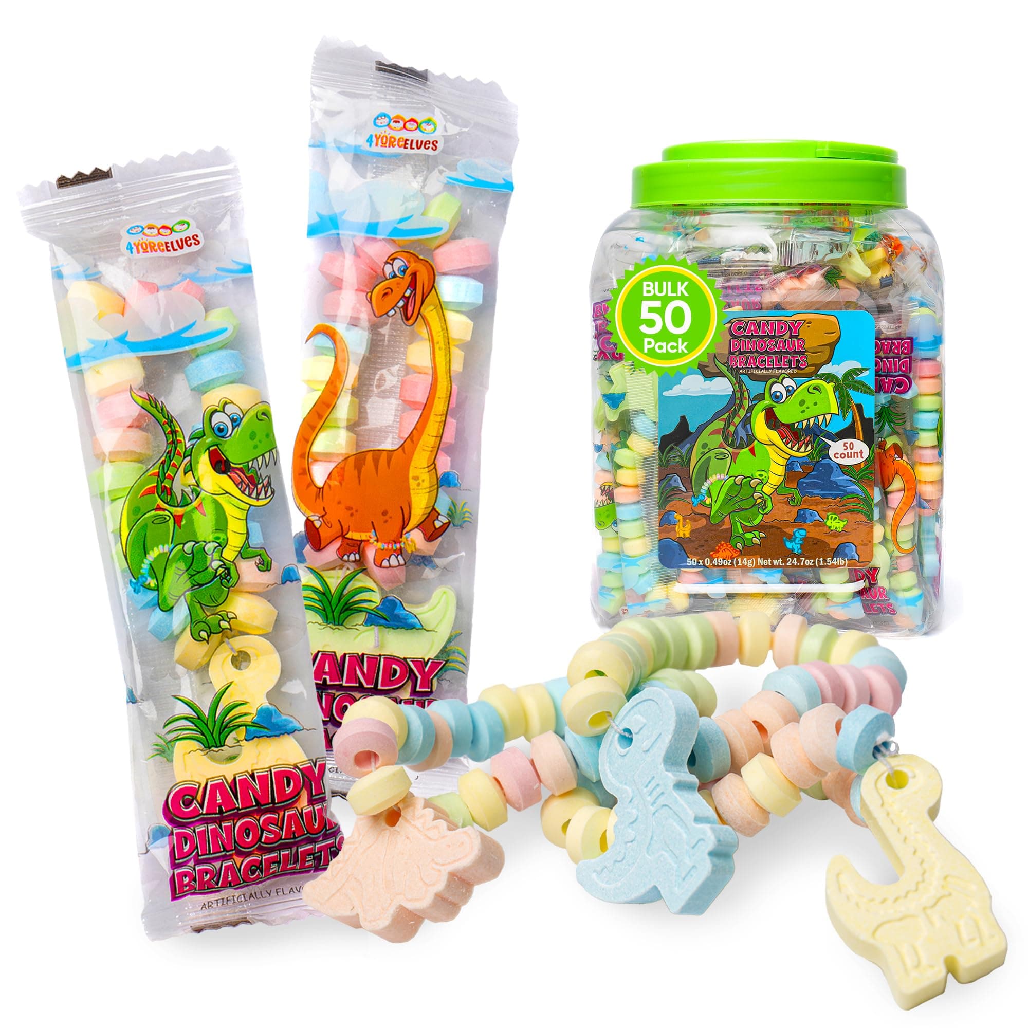 50 Dinosaur Candy Bracelets with Dinosaur Pendants, Dino-lover Candy Jewelry, Ideal for Dino Party Favors, Bulk Pack by 4YoreElves