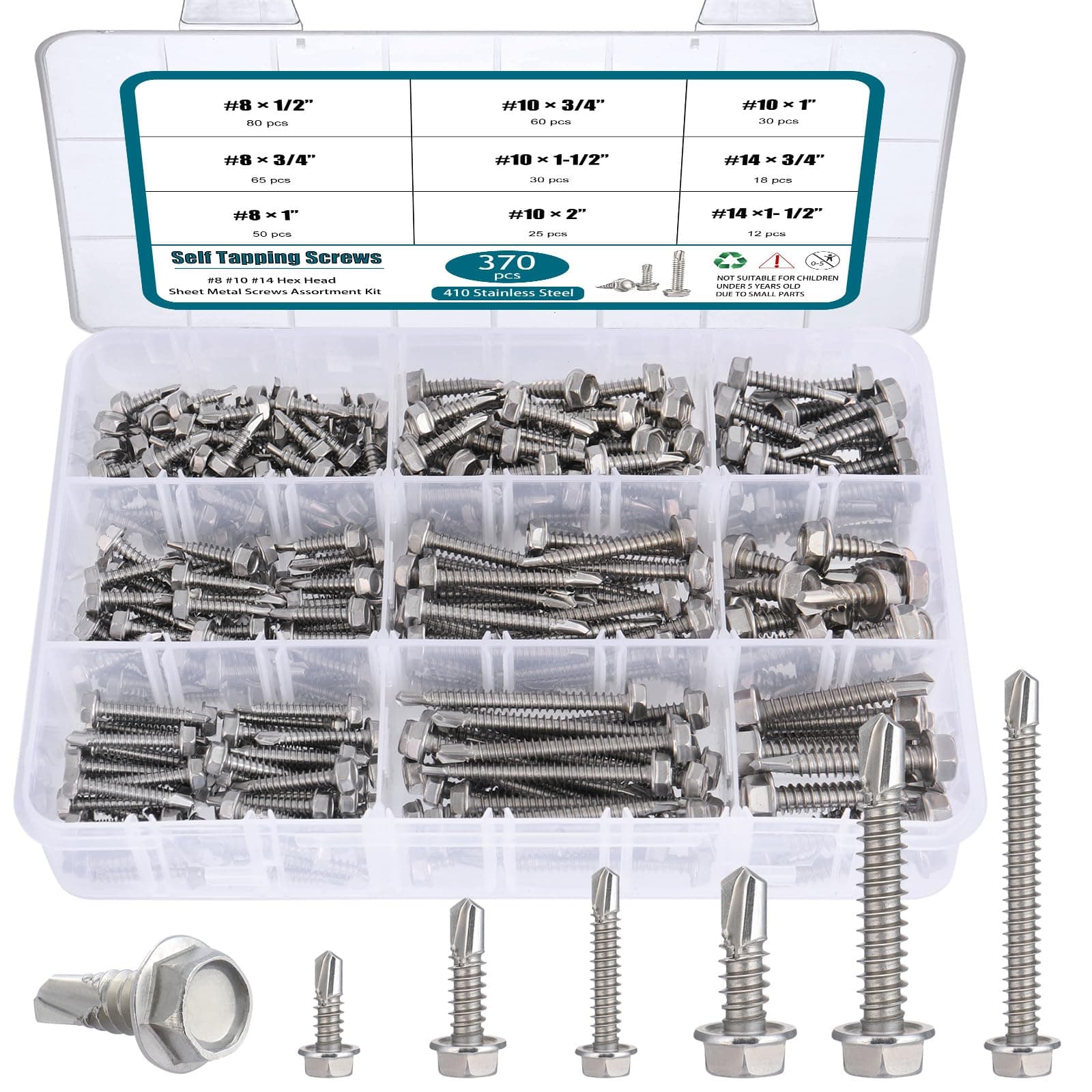 #8#10#14 Self Drilling Screws Assortment Kit,410 Stainless Steel Self Tapping Sheet Metal Screws Hex Washer Head,370Pcs Self Tapping Screws for Metal Wood Plastic,1/2" 3/4" 1" 1-1/2" 2"