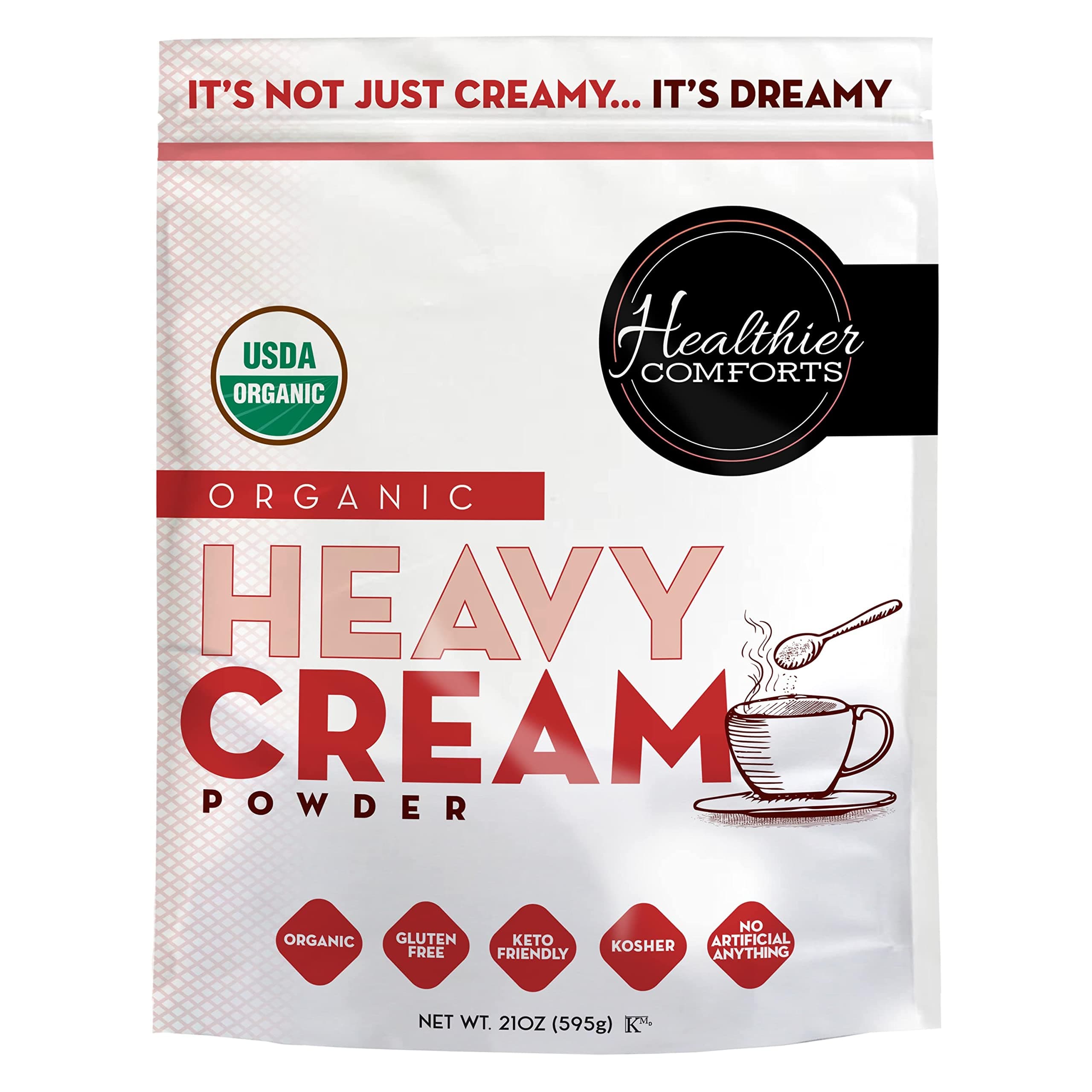 Healthier Comforts Organic Heavy Cream Powder (21 oz) | Kosher, Gluten Free, Non-GMO, and Keto Friendly | Long Lasting, Easy Sauces, Baking | Made in the USA